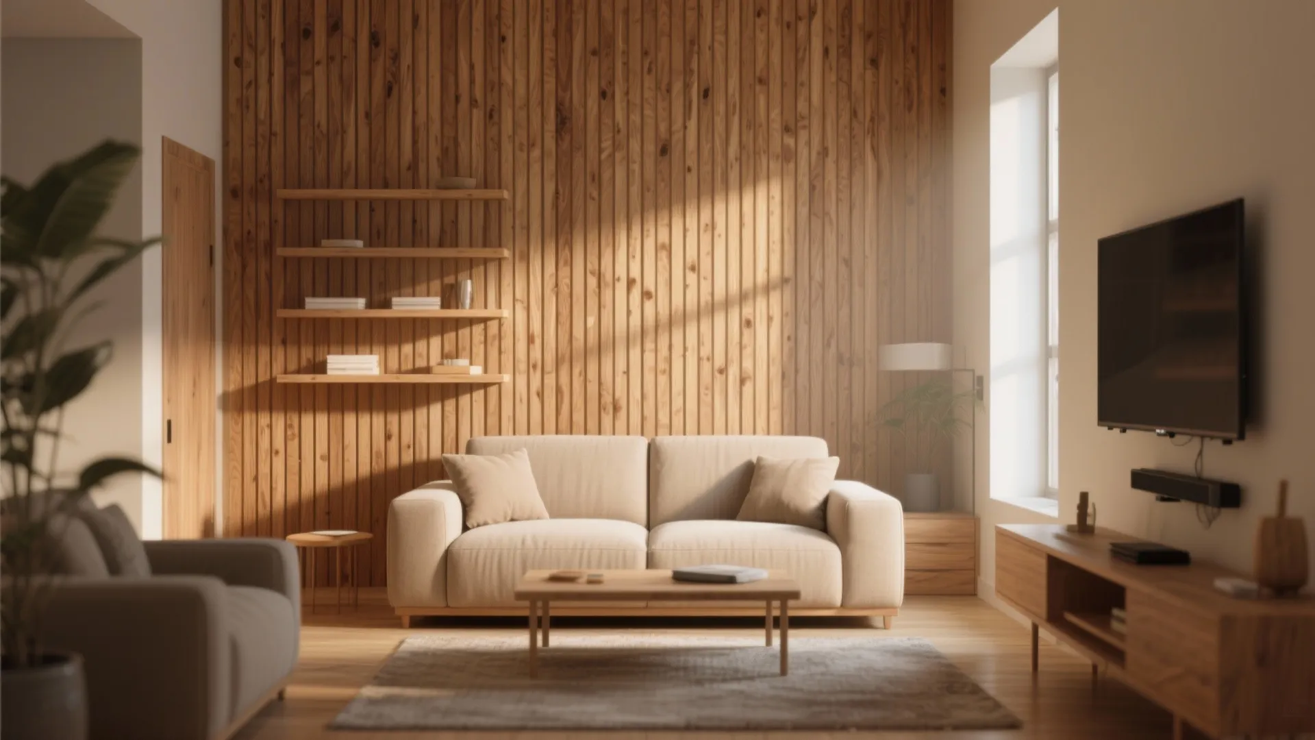 Small living room with vertical oak slats on the accent wall, warm wood grain and floating shelves.