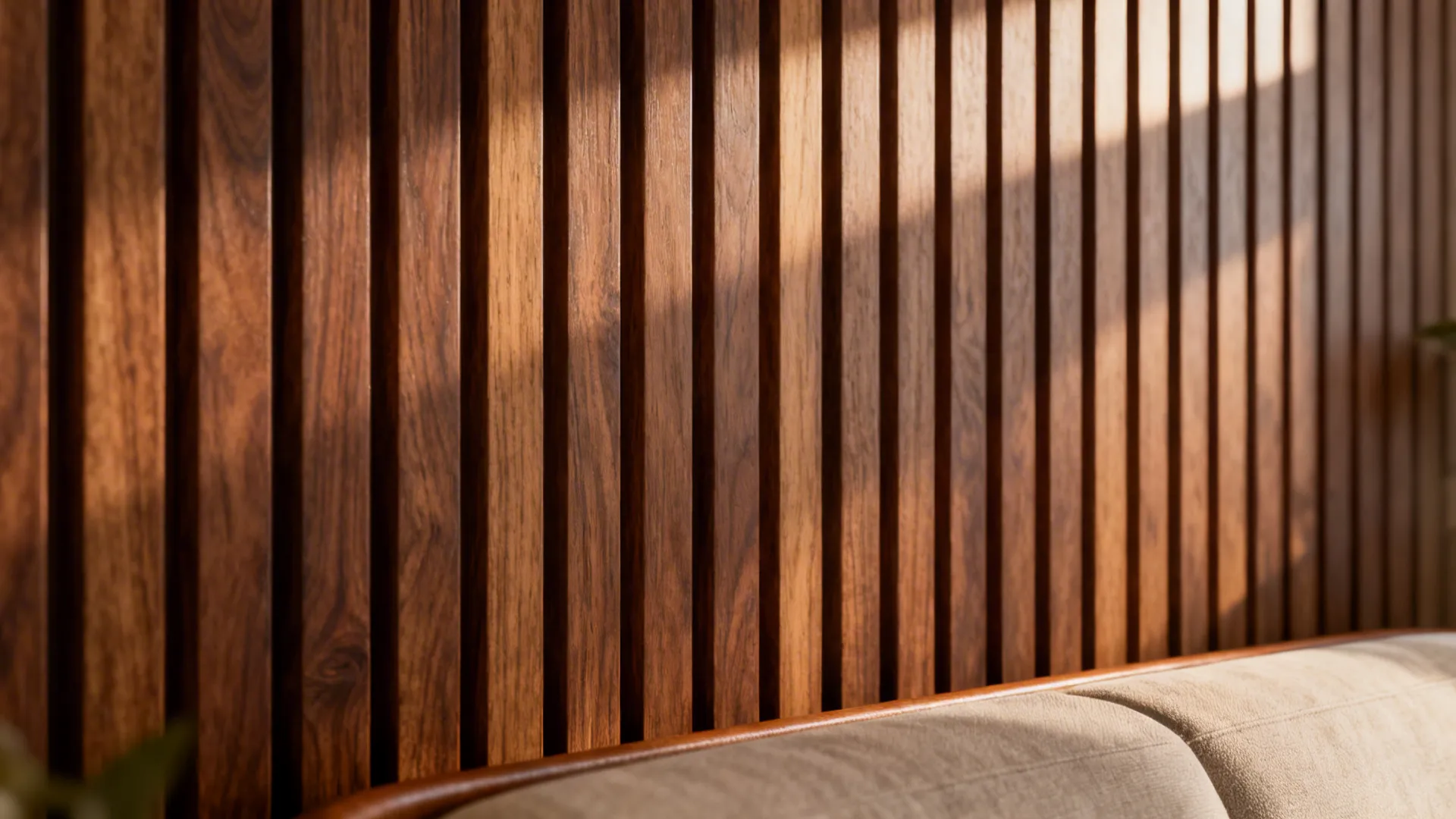 Close-up of vertical walnut wood slats adding texture and warmth to a living room wall.