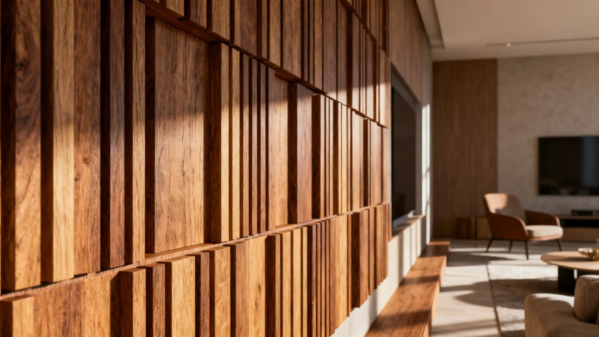 Staggered wood slats feature wall showing grain, texture, and warm shadows