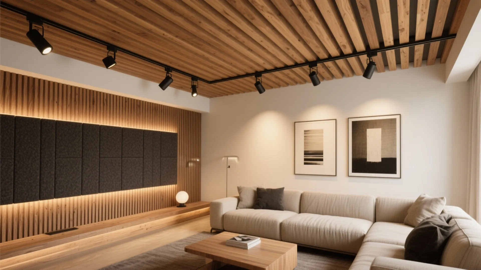 5) Warm Wood Slats with Flexible Track Lighting