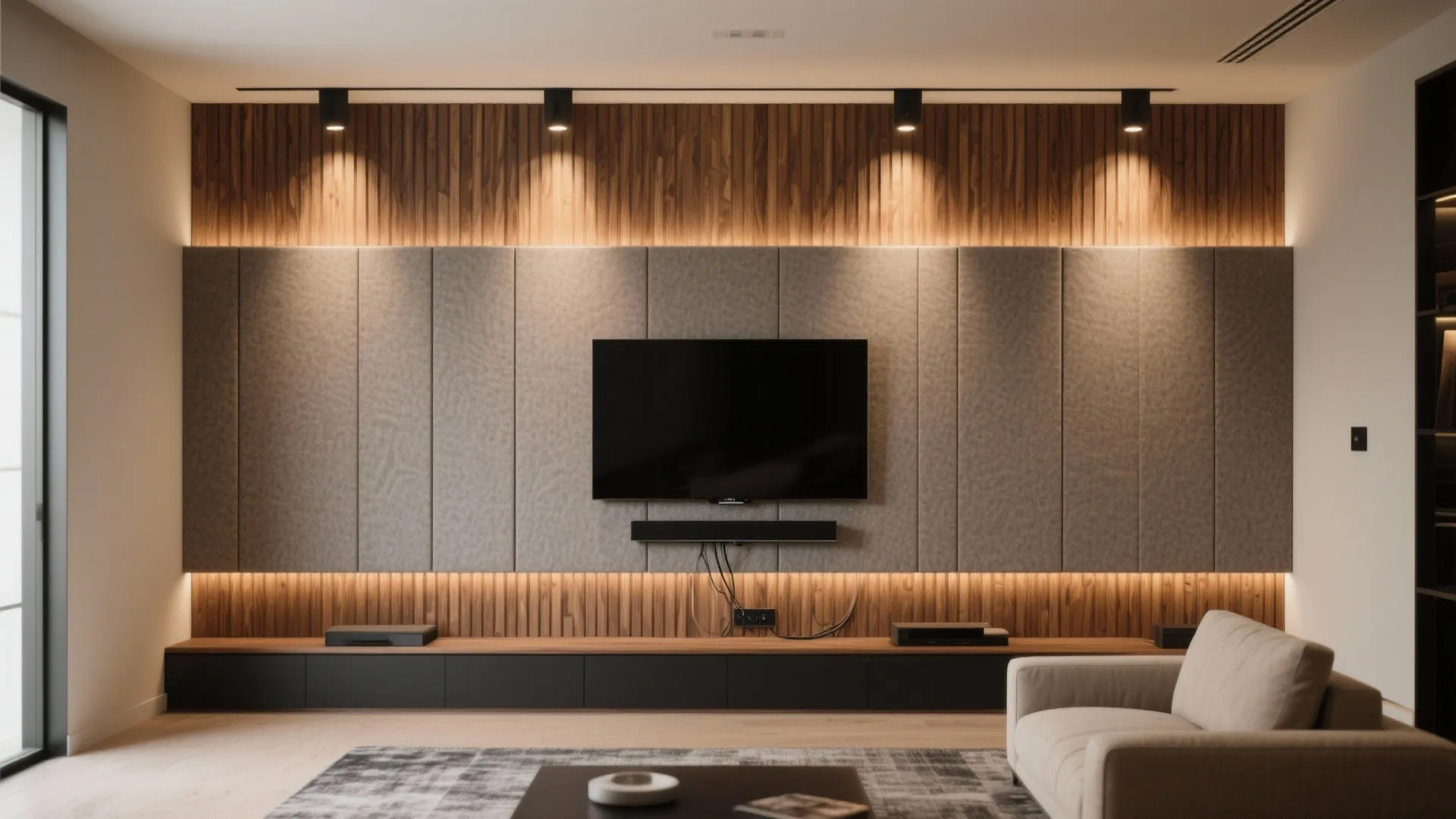 Vertical Wood Slats and Acoustic Panels