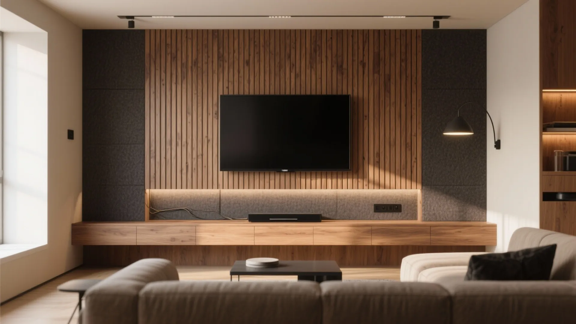 2) Slatted Wood Backdrop with Hidden Storage