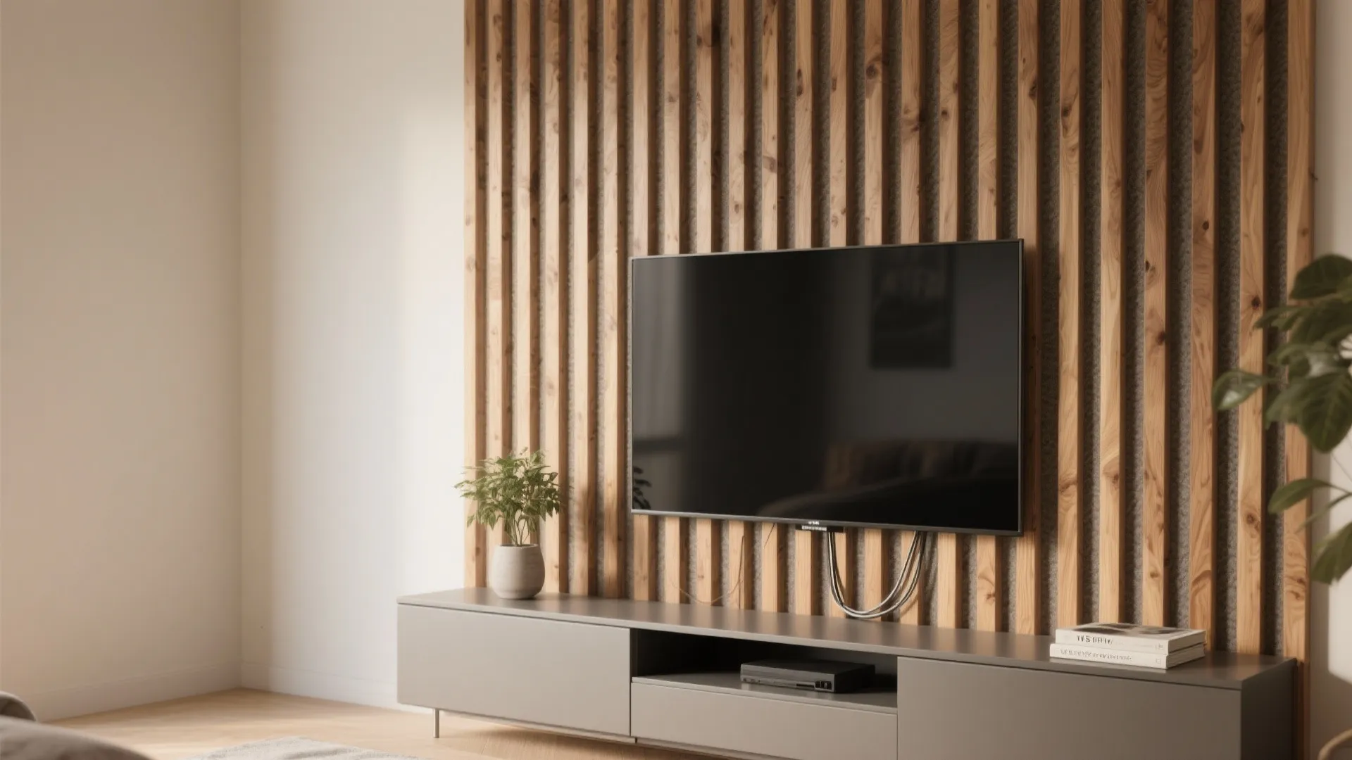 Textured wood slats with matte lacquer accents