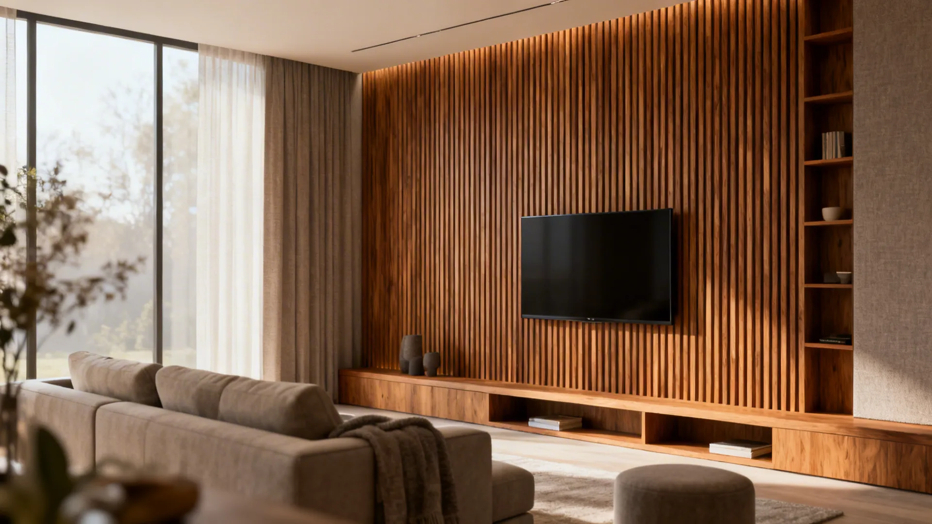 Small living room with vertical oak wood slat accent wall and wall-mounted TV, creating warmth and improved acoustics.