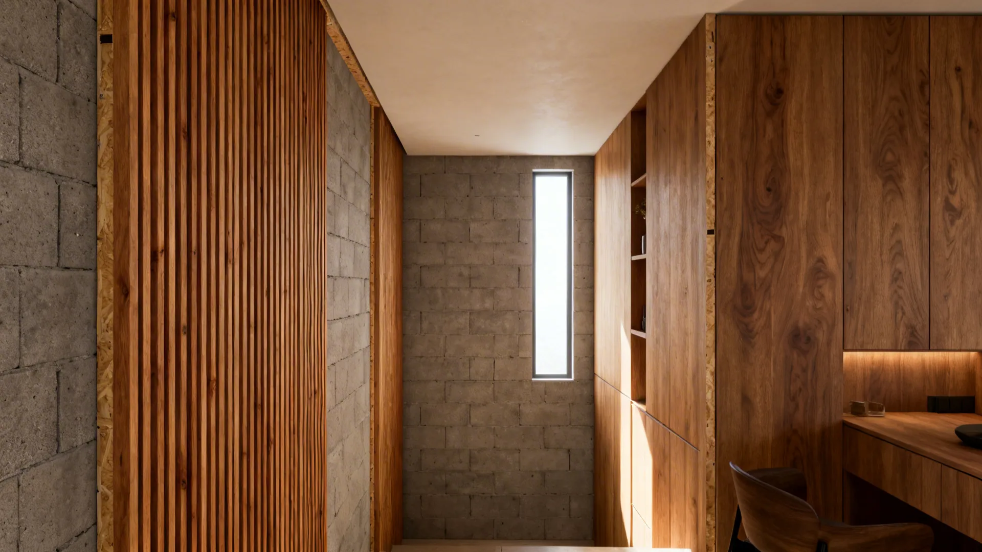 Interior with vertical cedar slats installed over concrete block, creating warmth and height.