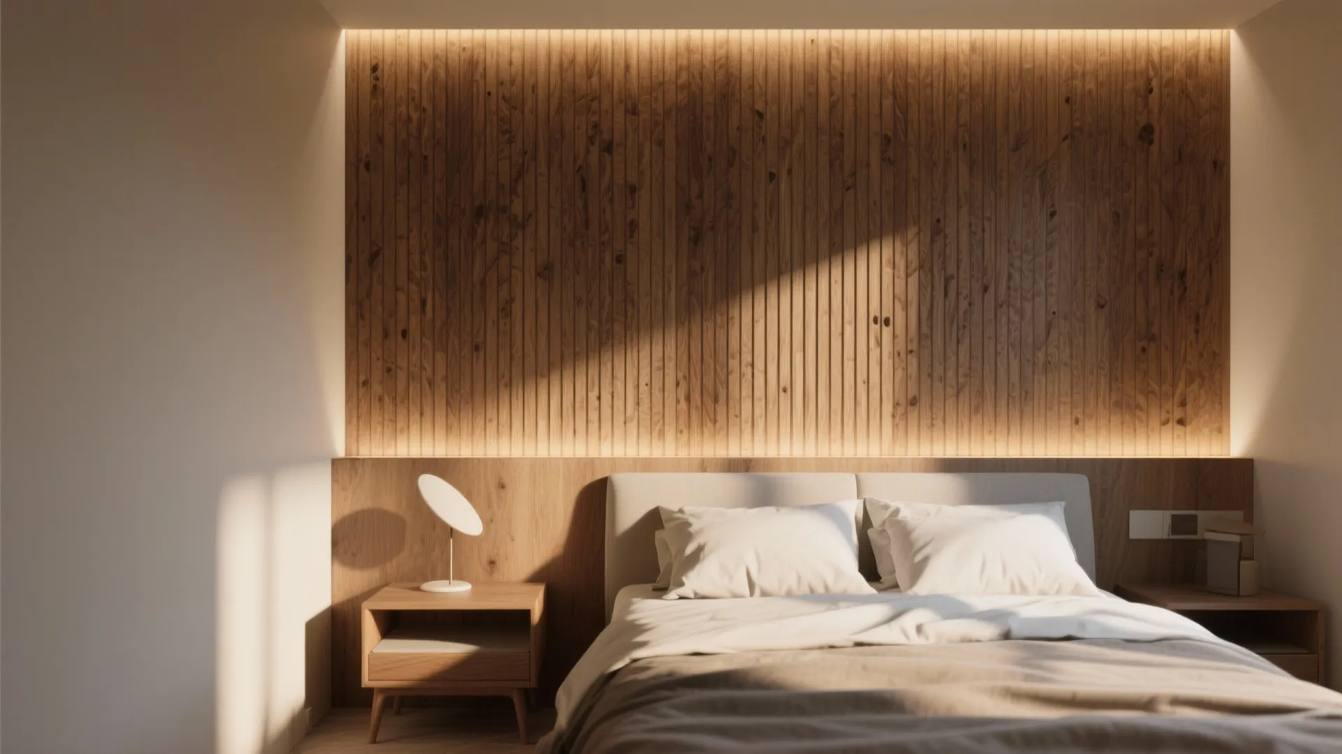 Modern bedroom with wooden wall panel, warm hidden lights, bedside table, white pillows, and sunlight