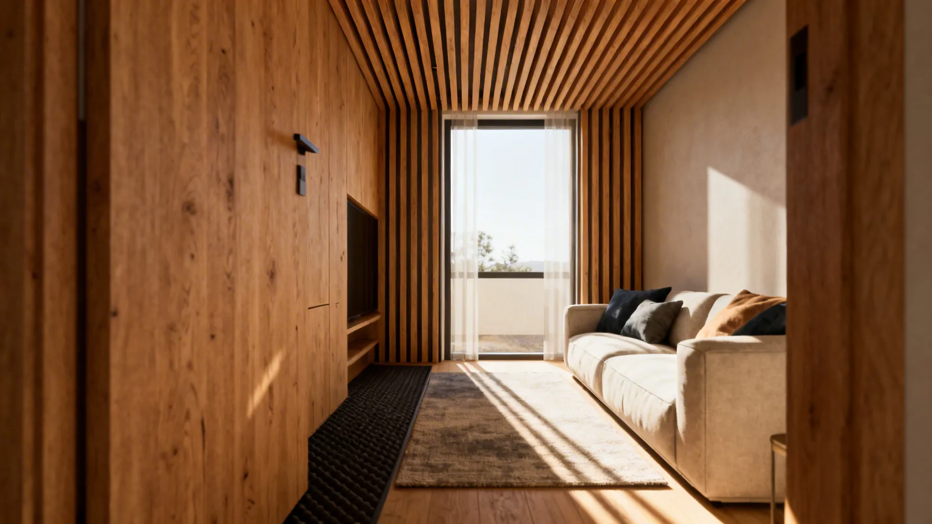 Living room with wood wall panel ceiling slats beige sofa and large window with natural sunlight