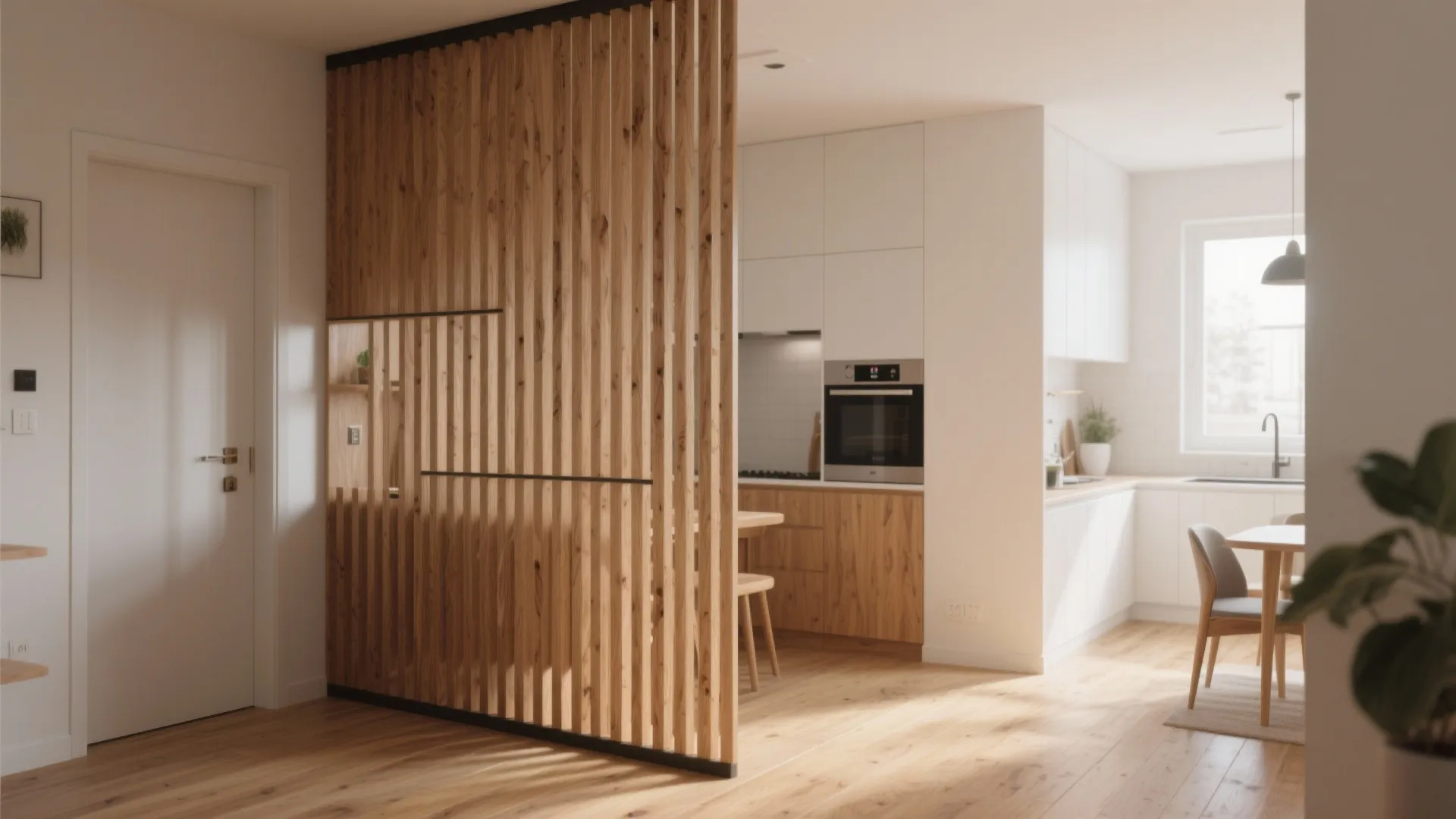 Vertical wood slat room divider separating a hallway from a bright kitchen and dining area