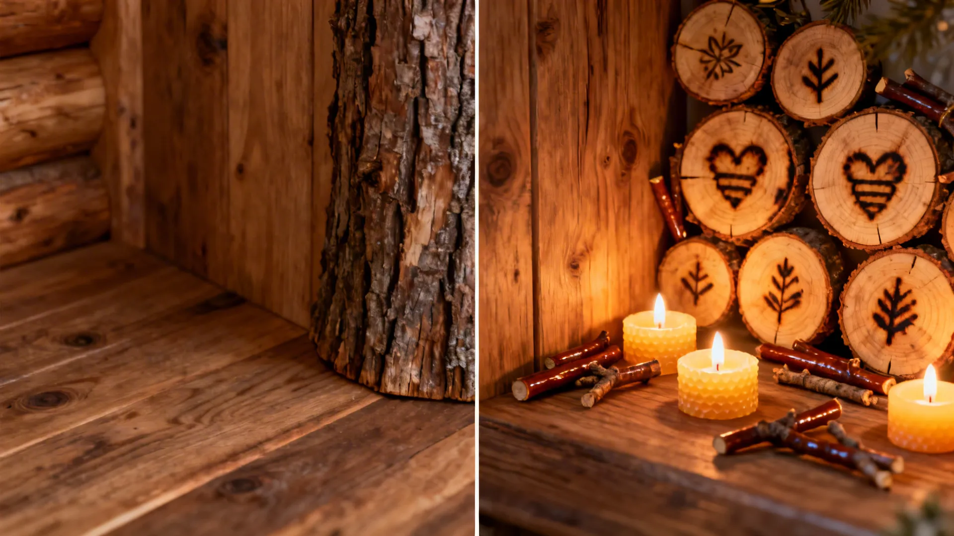 5. Wooden Slices, Small Branches, and Beeswax Candles (LED for safety)