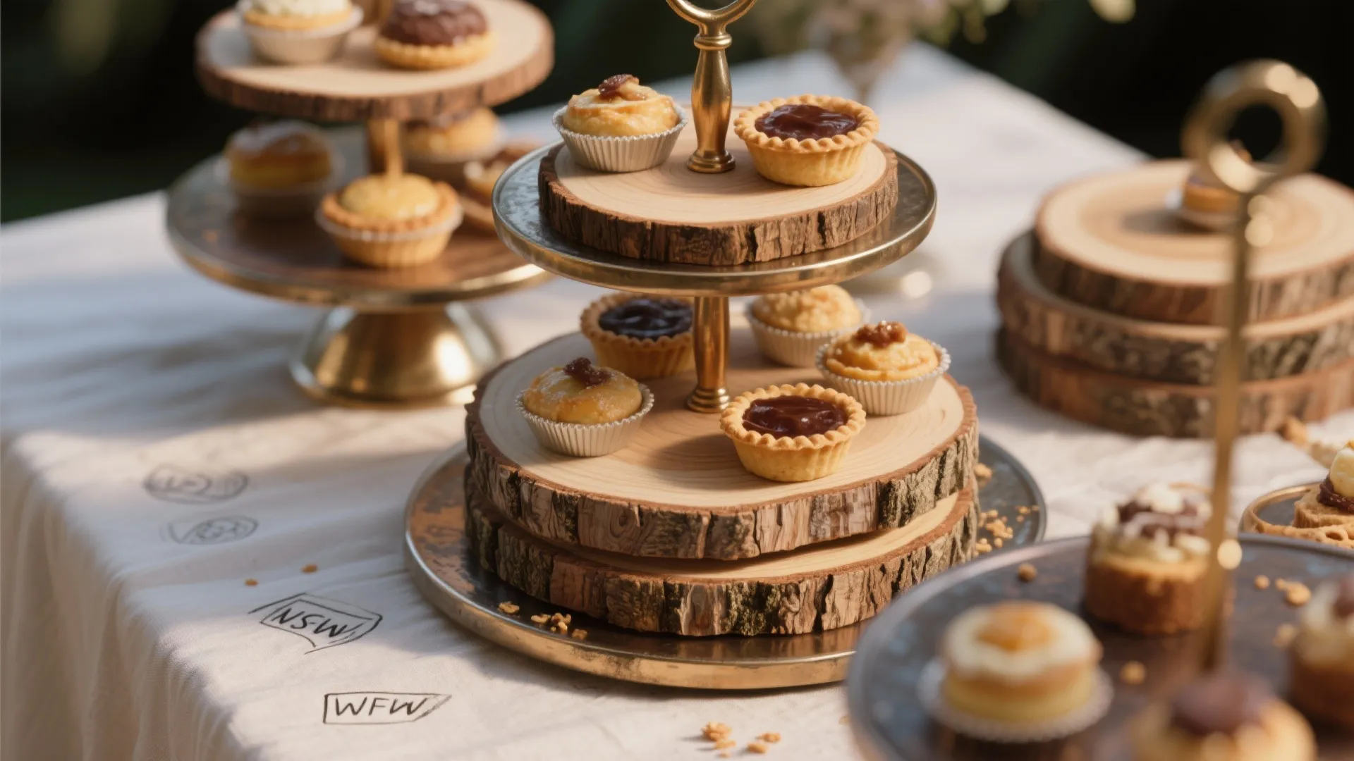 Close-up of stacked wood slices paired with metal tiered stands and mini pastries.