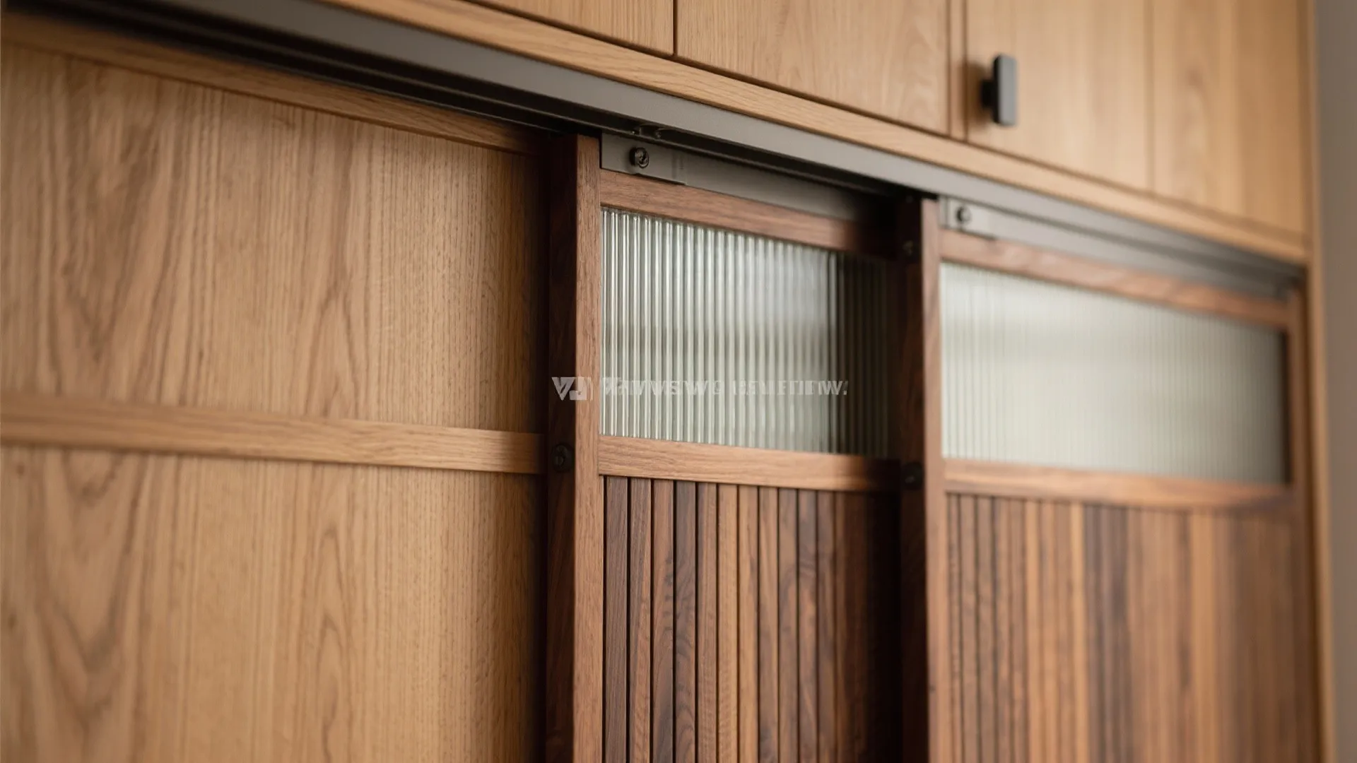 Textured wood cupboards with sliding panels
