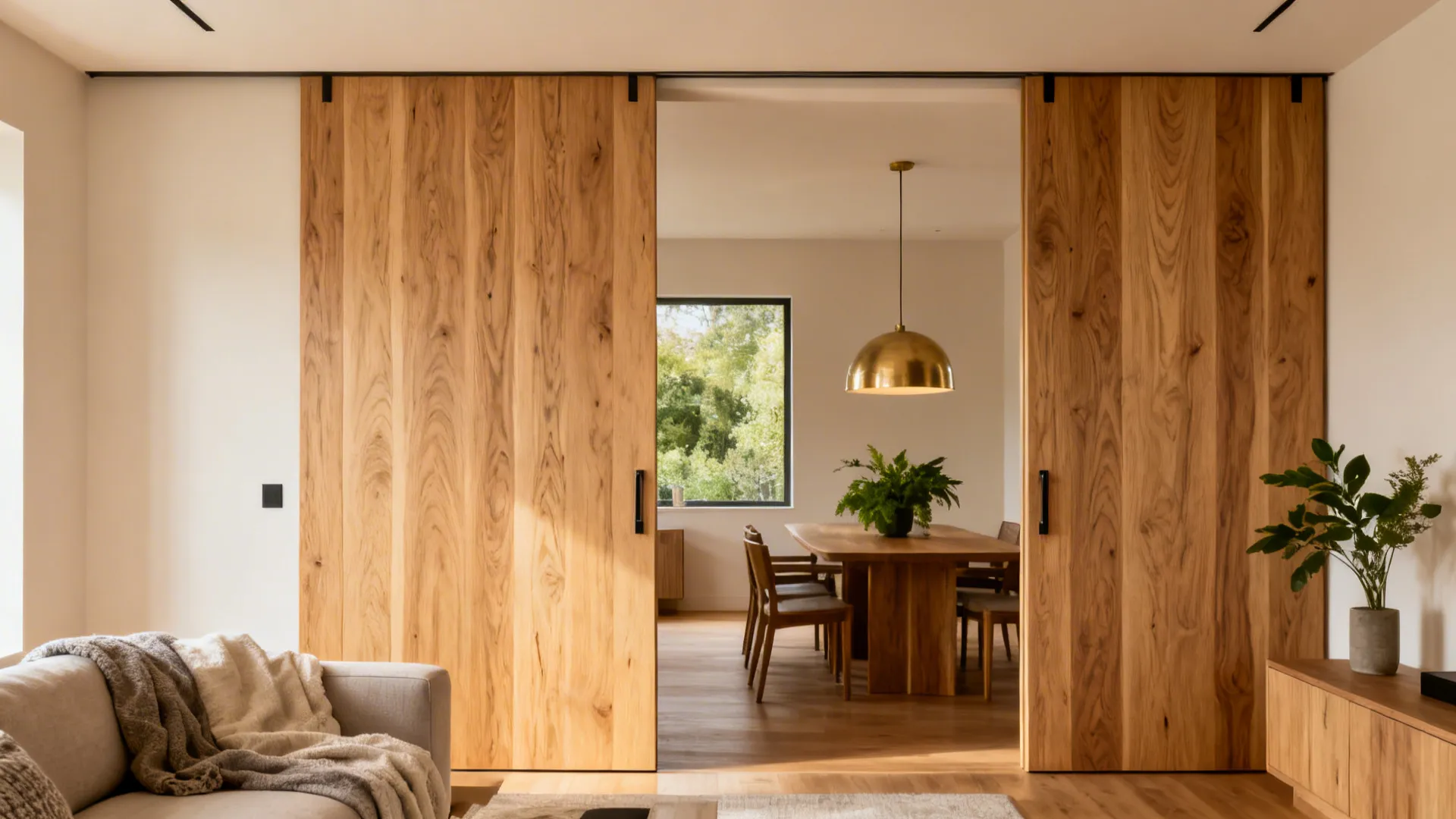 Rift-sawn white oak sliding doors separating a warm lounge and dining room.