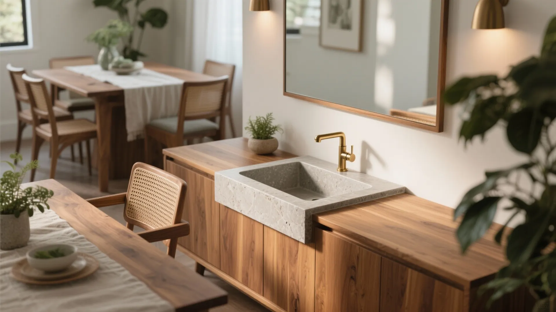 Stone sink on wooden cabinet with gold faucet mirror wall light and dining table chairs
