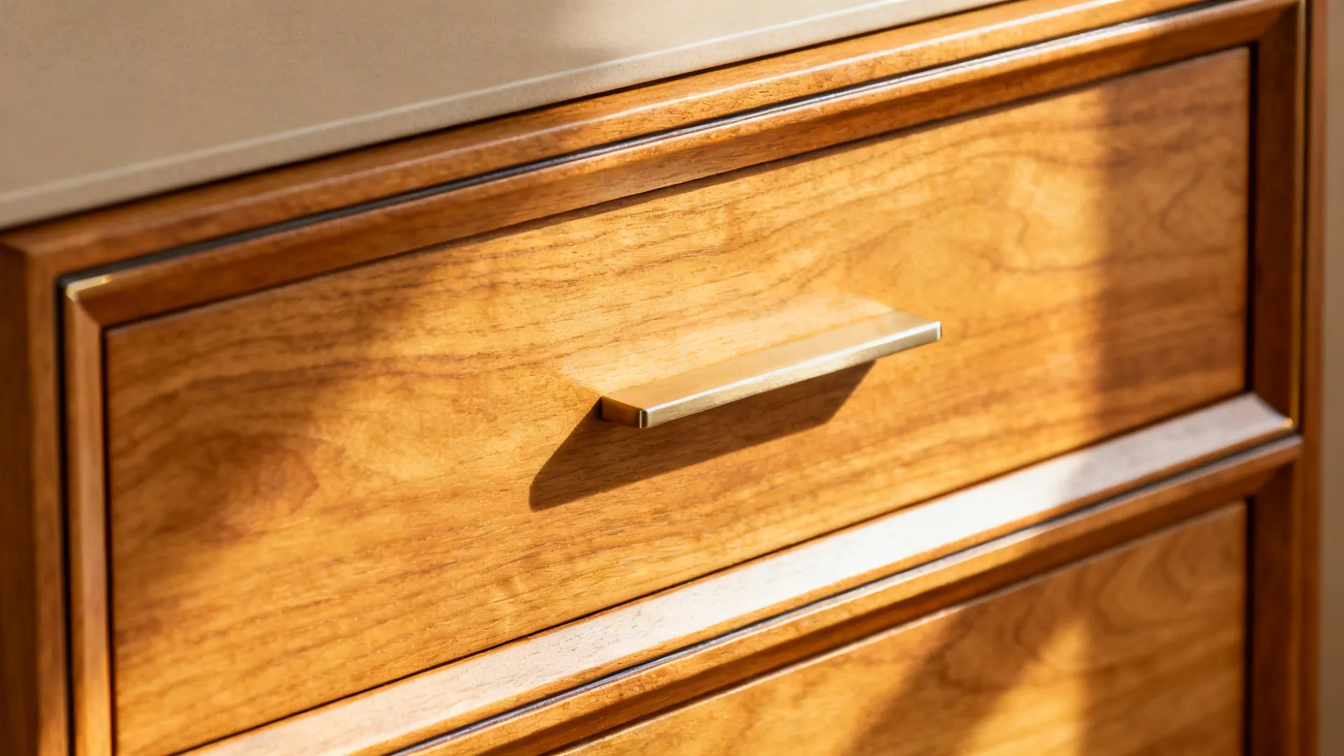 Macro of oak veneer drawer with slim frame and micro-beveled edge pull showing fine grain.