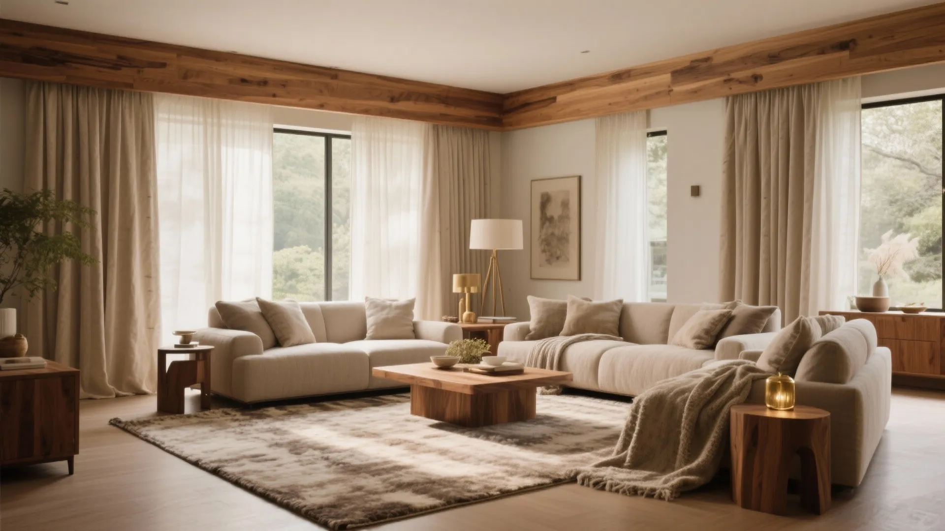 Warm living room with cream sofas wooden coffee table large rug curtains and natural light