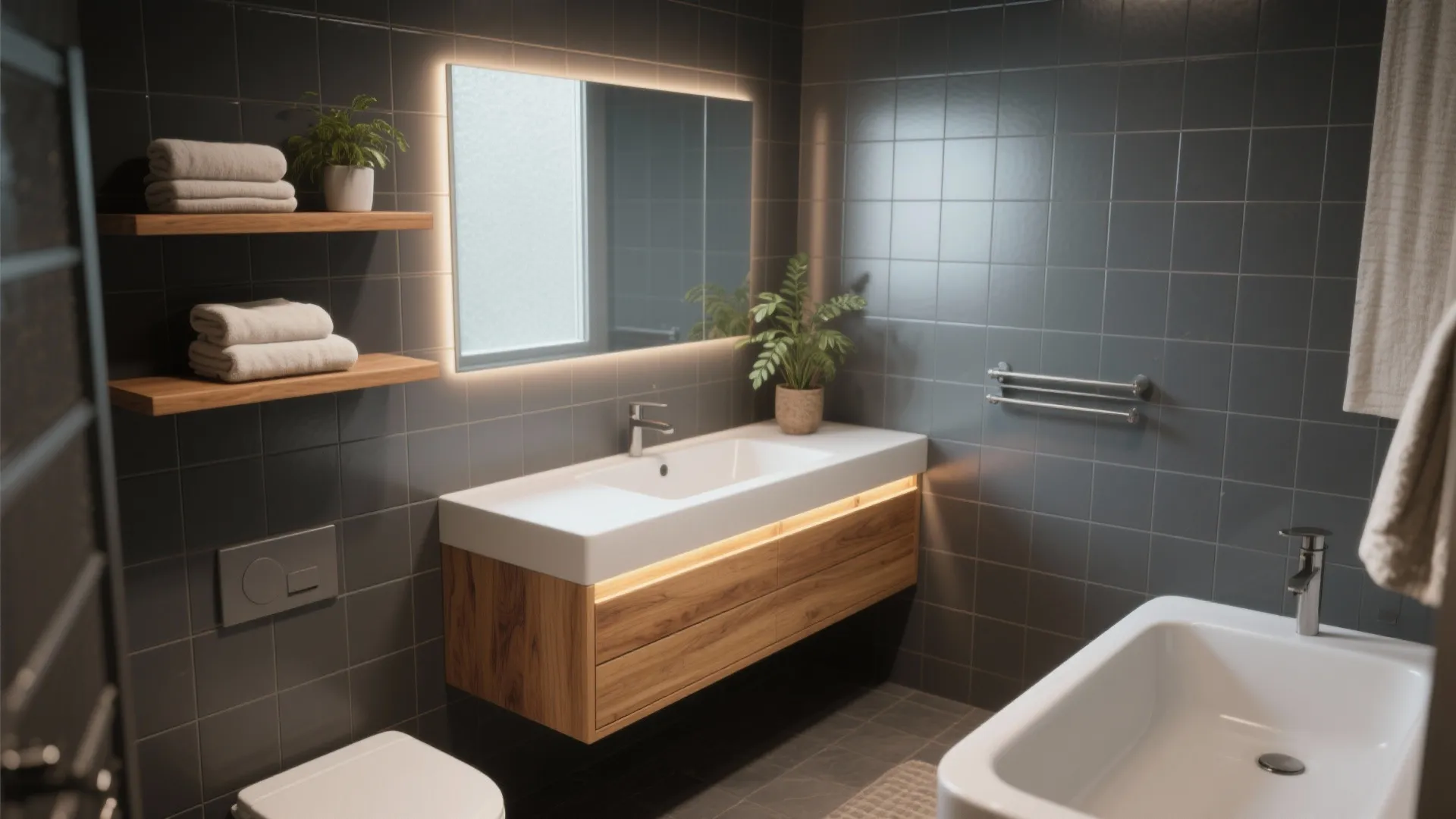 Dark grey tiled bathroom with warm oak floating shelves and wooden vanity accents.