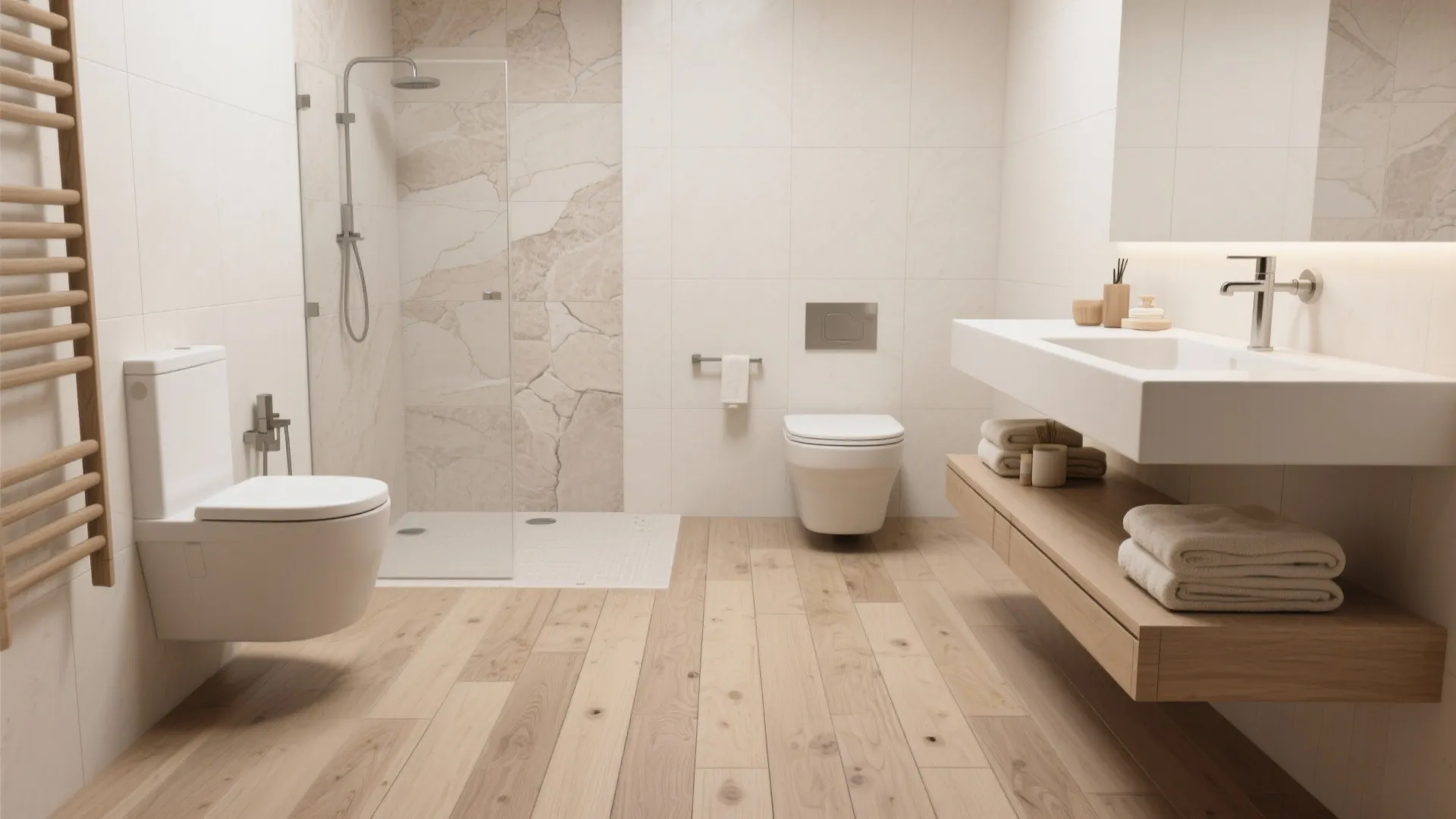 Compact spa-like bath with mid-tone wood-look porcelain floor and light stone-look walls under warm daylight.