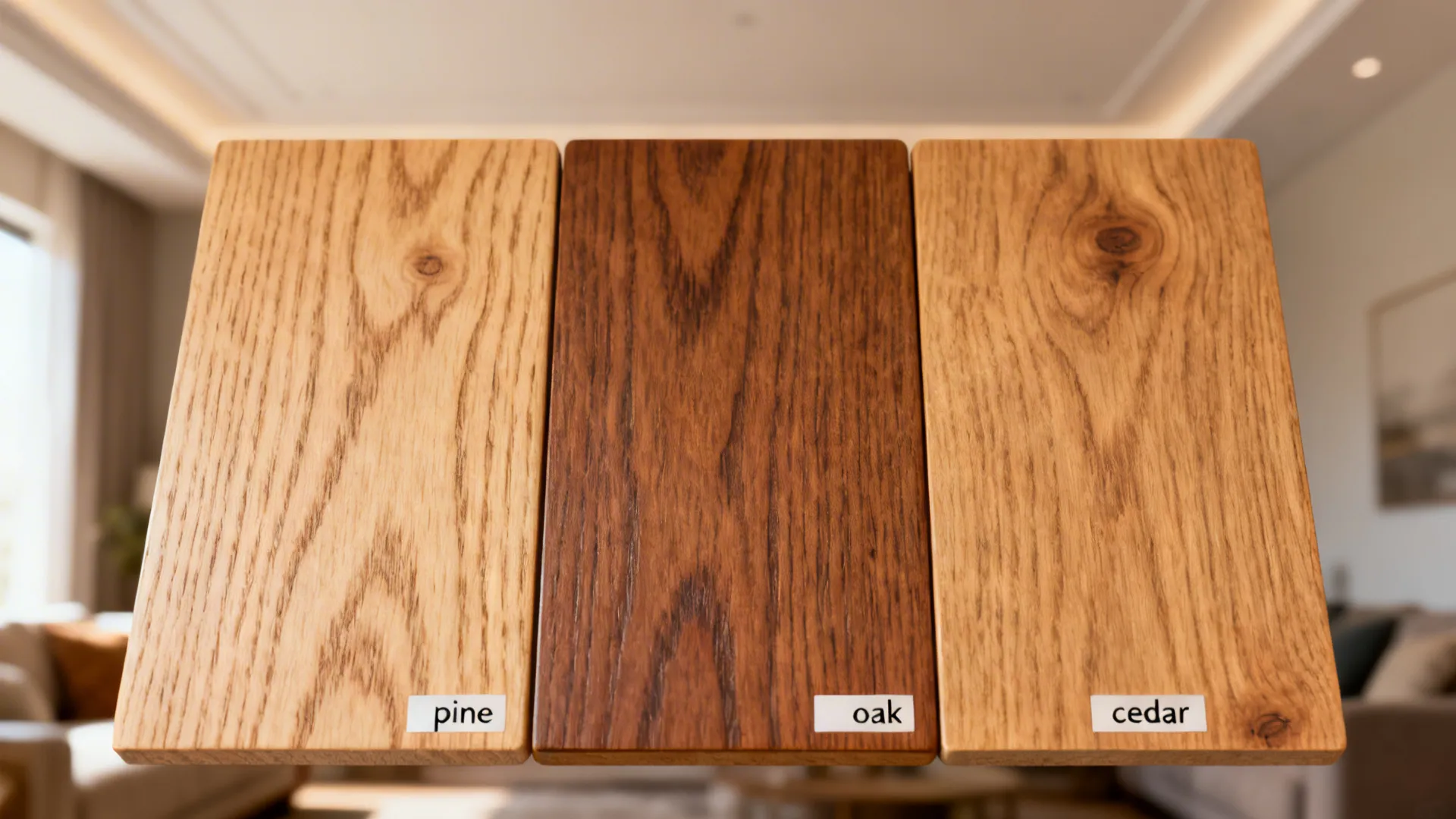 Macro view of pine, oak, and cedar wood grain samples with a blurred living room ceiling background.
