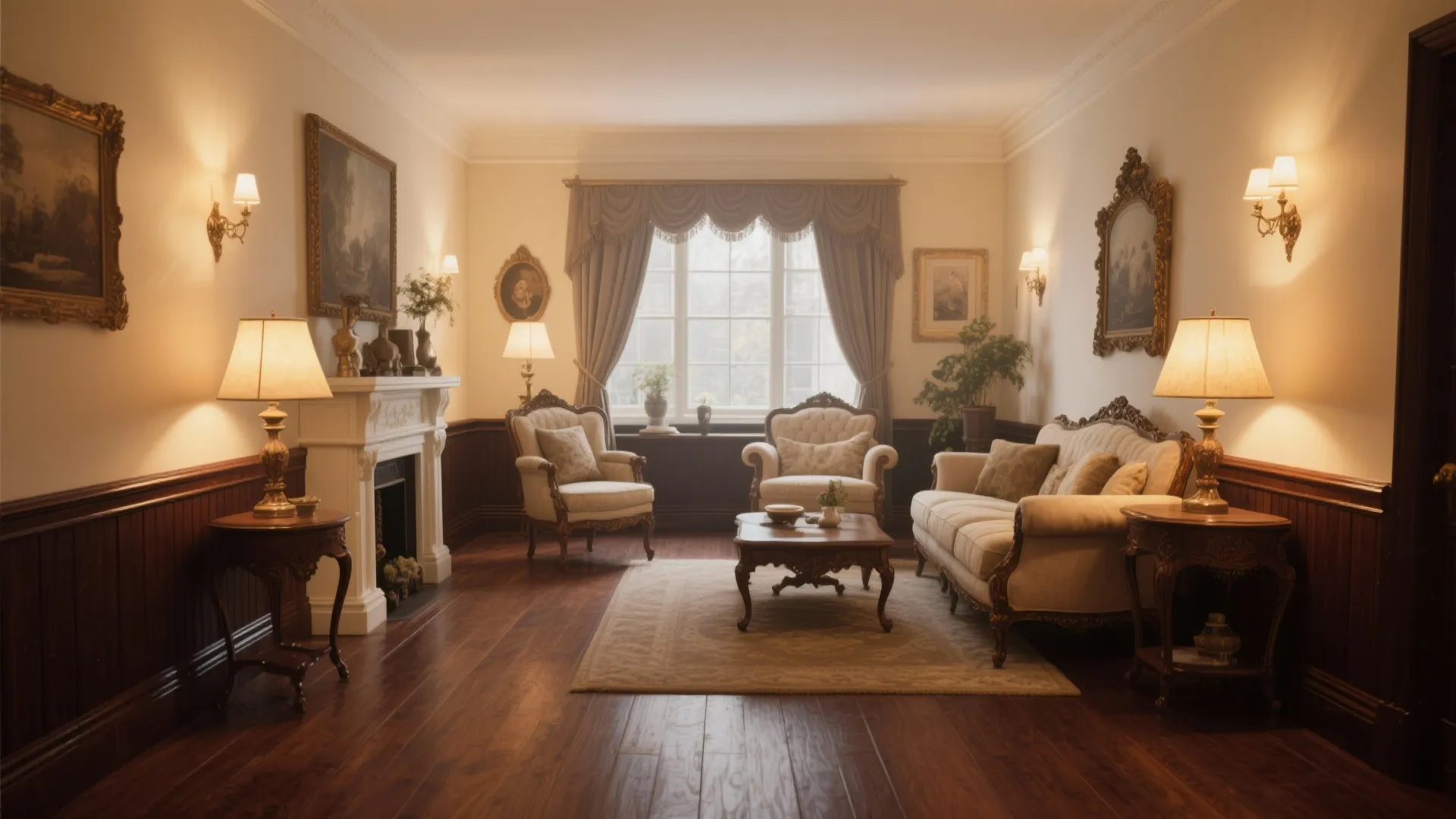 Classic living room with dark wood flooring white fireplace cream sofa warm lighting and elegant curtain