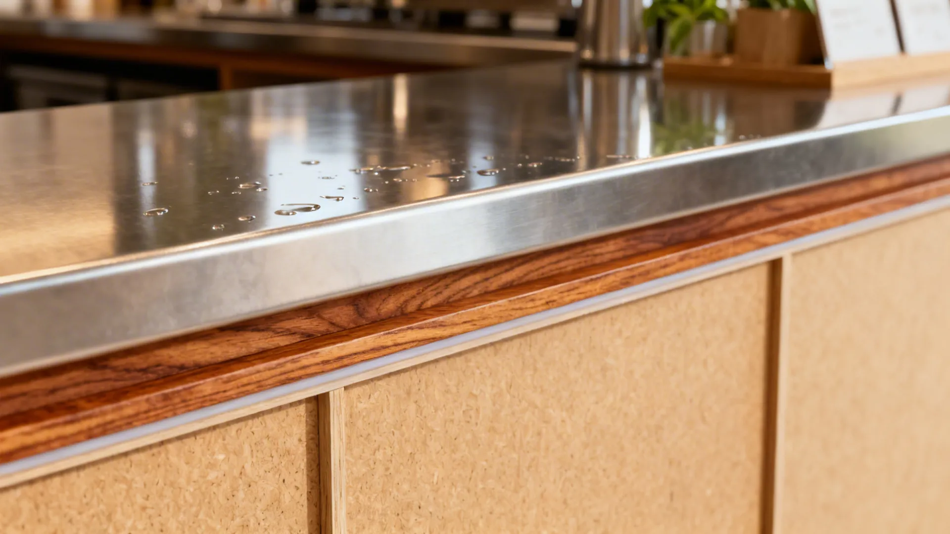 Macro detail of stainless countertop meeting warm wood trim and HPL-faced fronts with clean sealed edges.