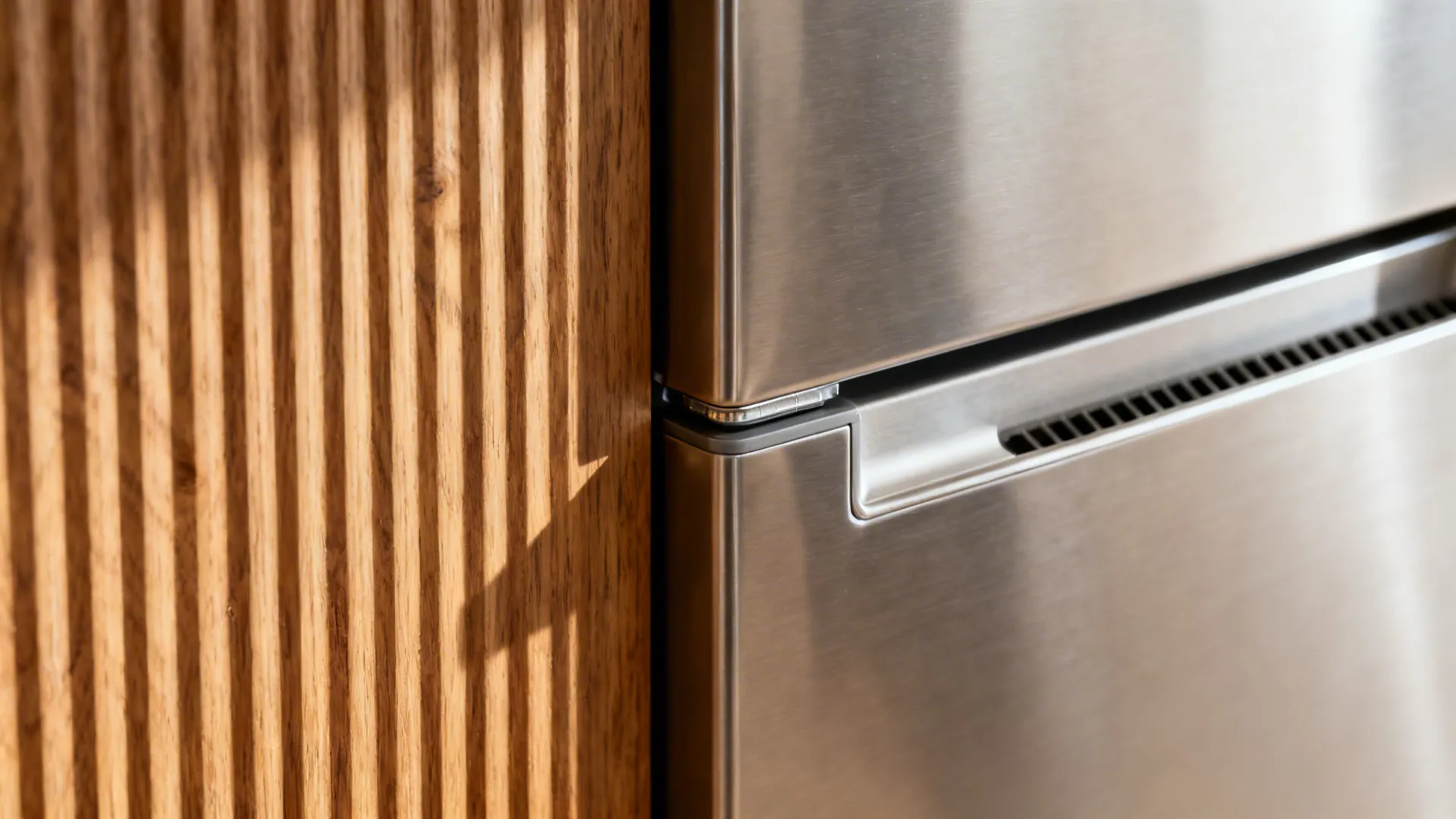 Close up of stainless steel refrigerator next to vertical wood wall panels in a modern kitchen