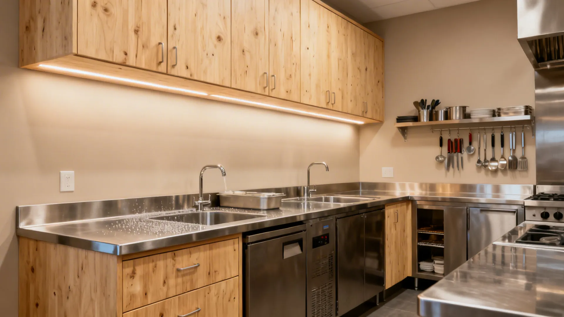 Commercial prep area with sealed birch storage fronts and stainless work surfaces and splashes.
