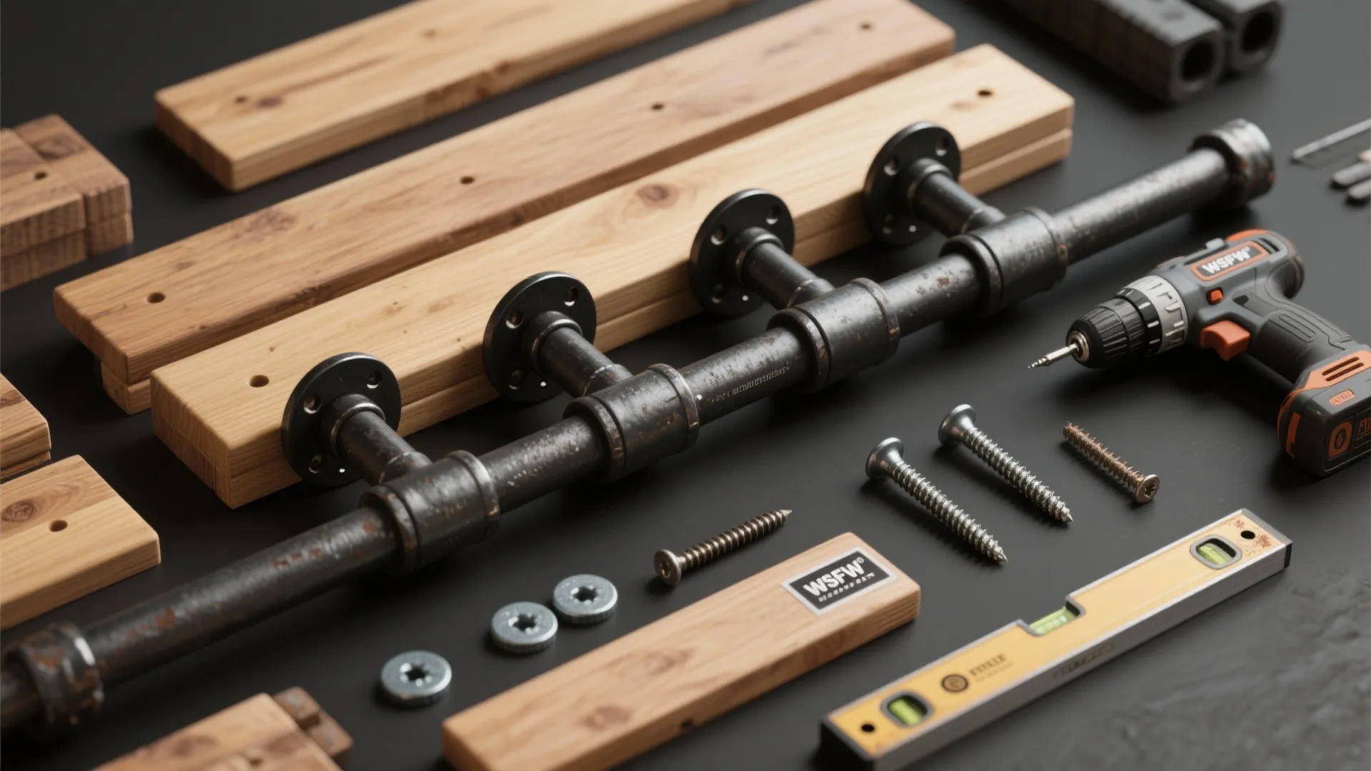 Diy materials including wood boards metal pipes screws power drill and level for building shelves