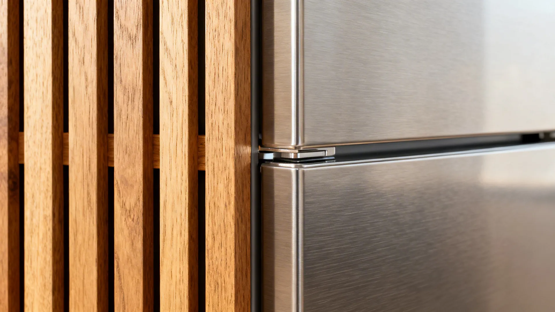 Macro of oak slat and brushed stainless fridge with a clean ventilation gap in warm light.