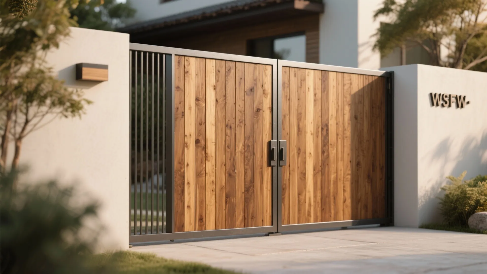 Double swing driveway gate made of vertical wood panels and black metal frame on concrete