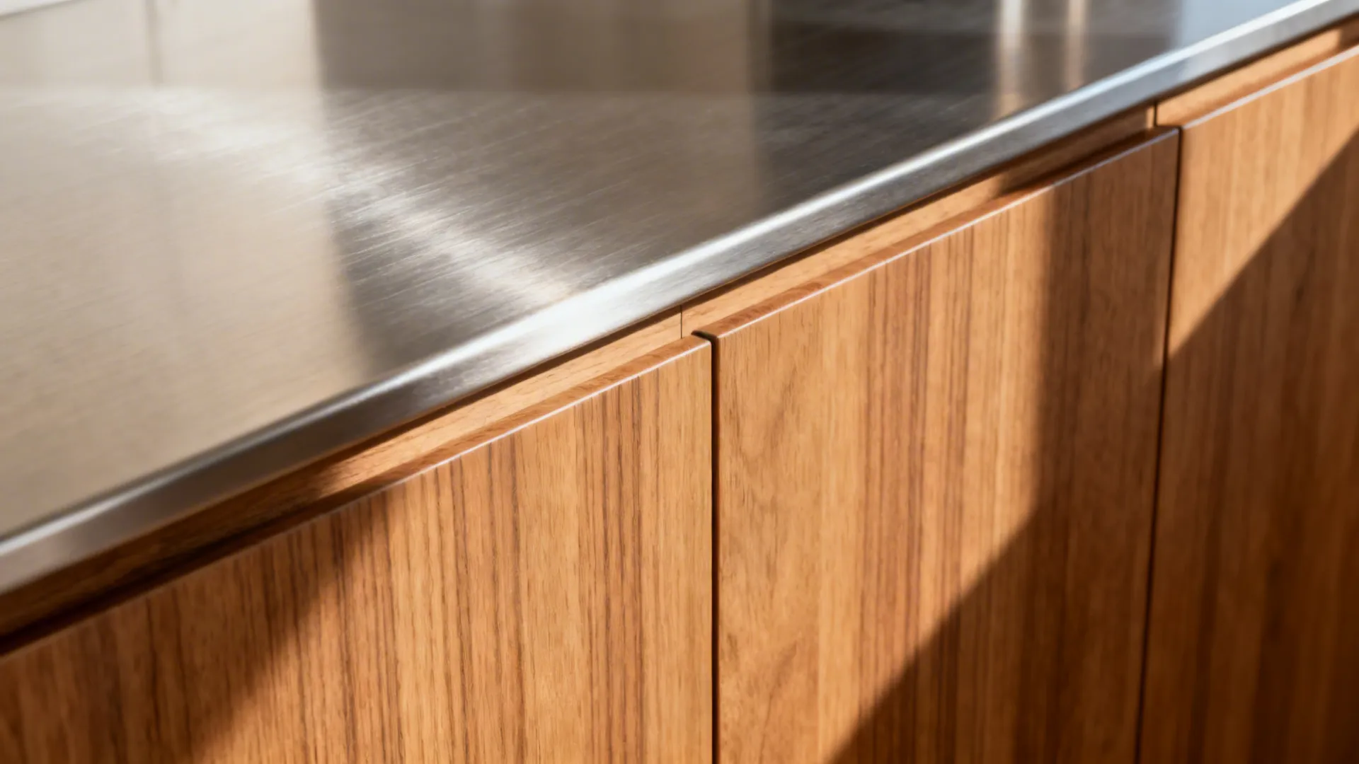 Macro detail of brushed stainless countertop meeting warm oak cabinet front.
