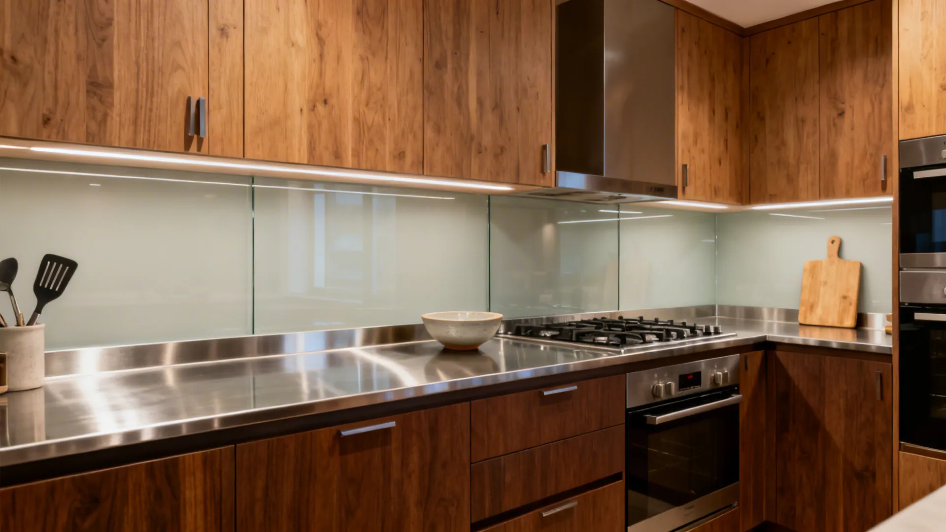 Kitchen blending a stainless prep run with warm wood cabinetry and a glass backsplash.