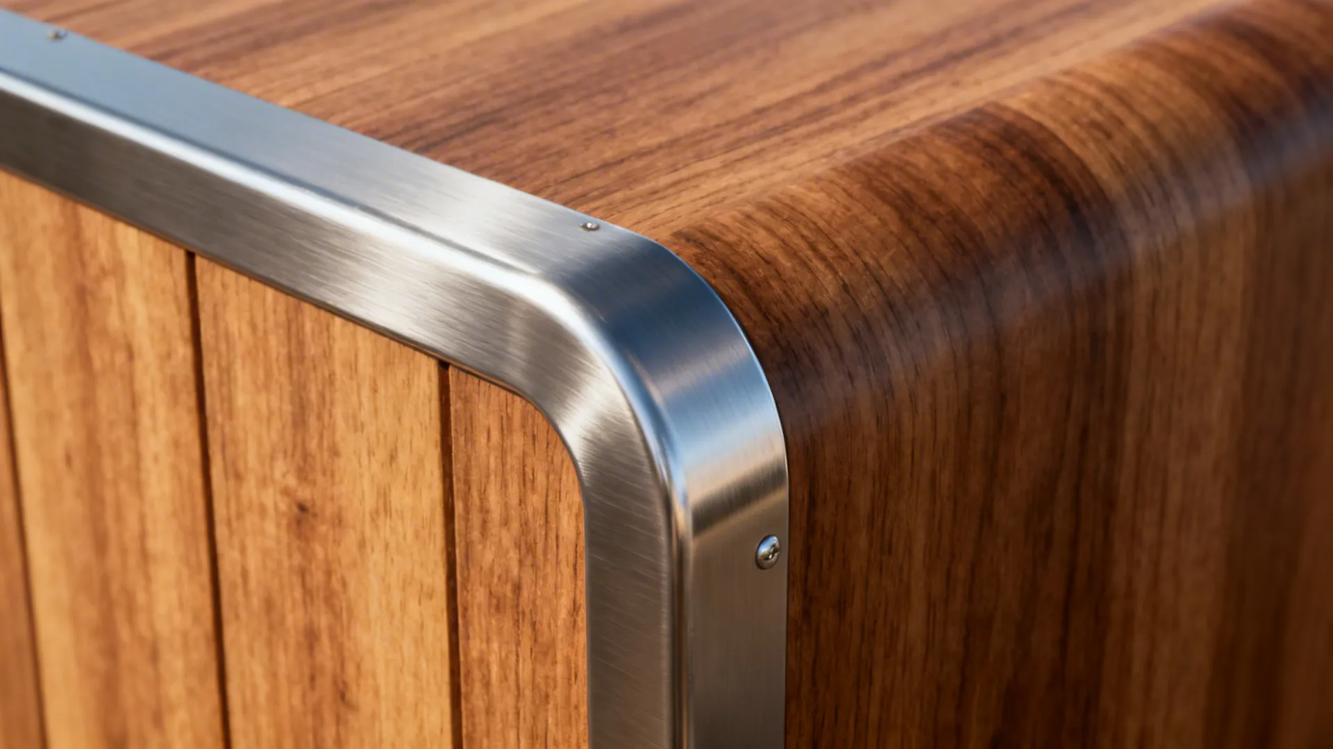 Macro of sealed, edge-banded oak panel transitioning cleanly to stainless steel.