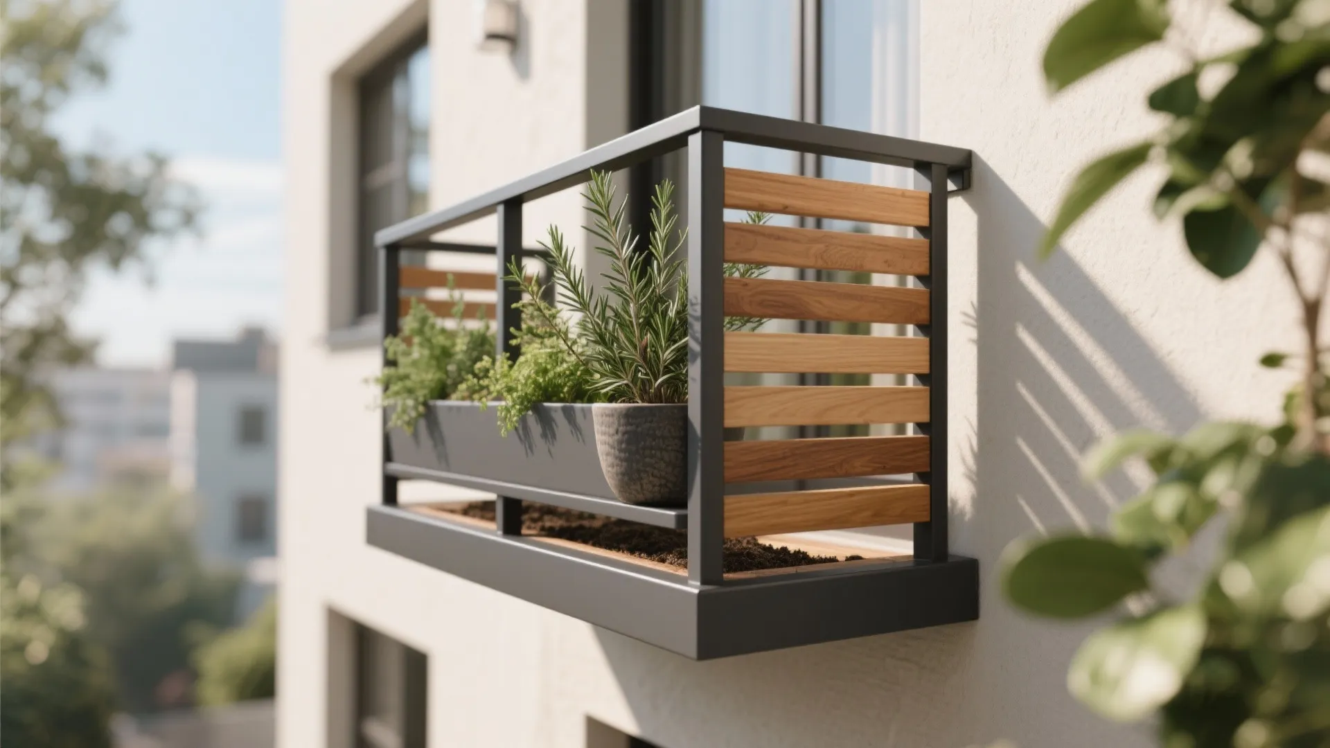 Wood-and-Steel Mixed Grill with Integrated Planters