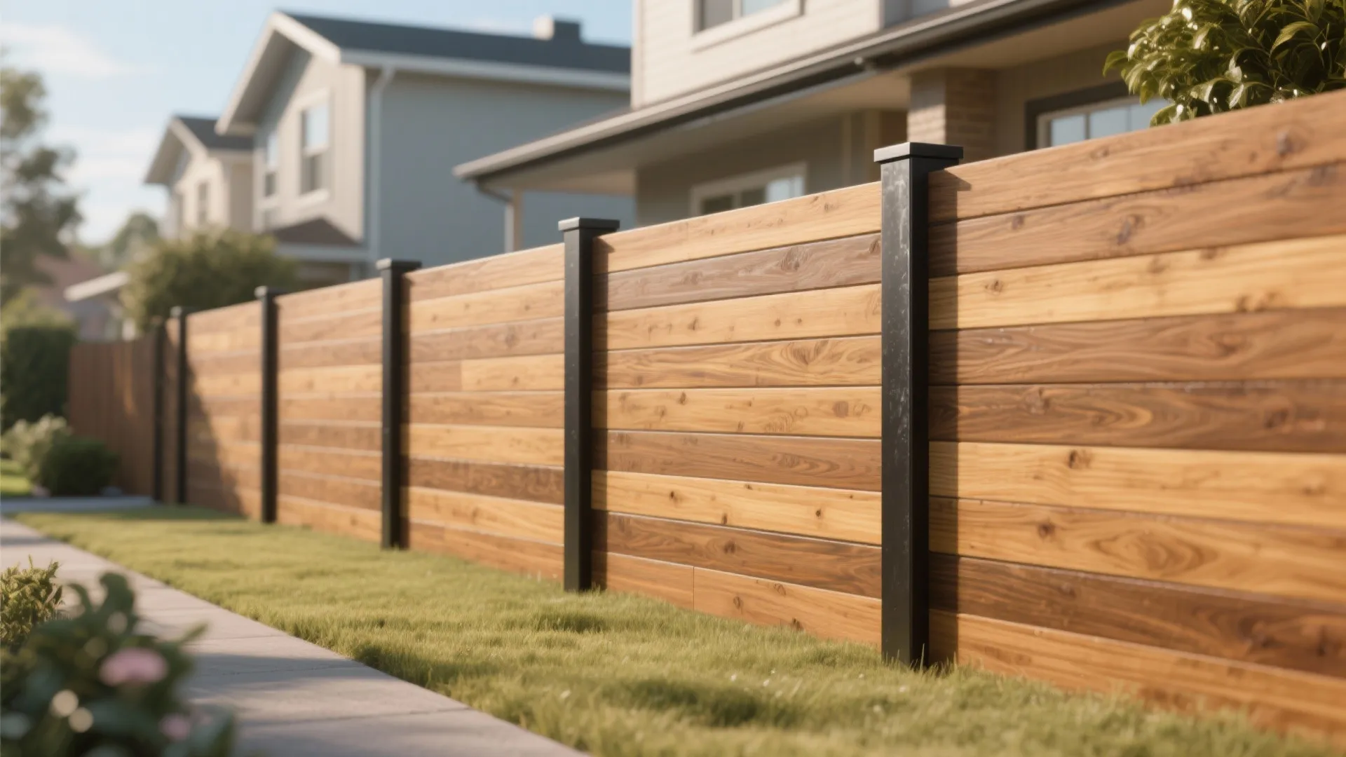 Horizontal wooden fence with black metal posts standing on a green lawn near a suburban house