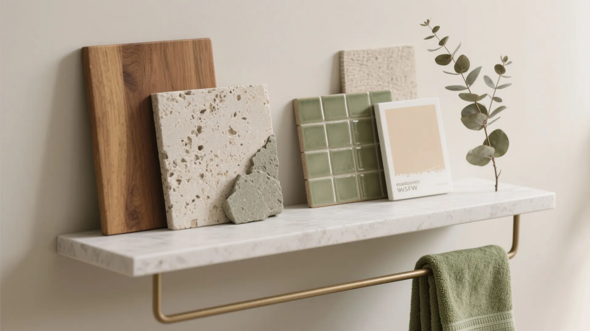 Marble wall shelf holding wood samples stone tiles green square tiles and a green towel