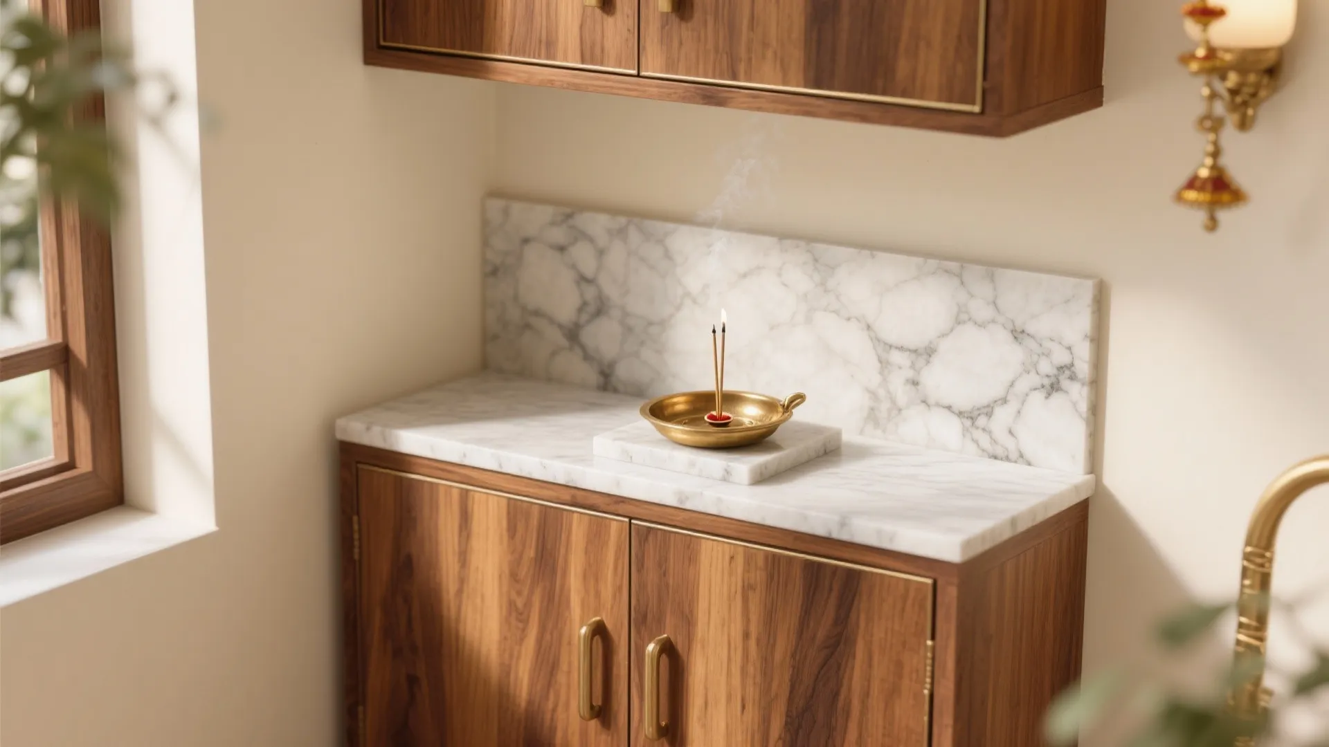 Wooden floor cabinet with white stone top holding incense sticks next to a bright window