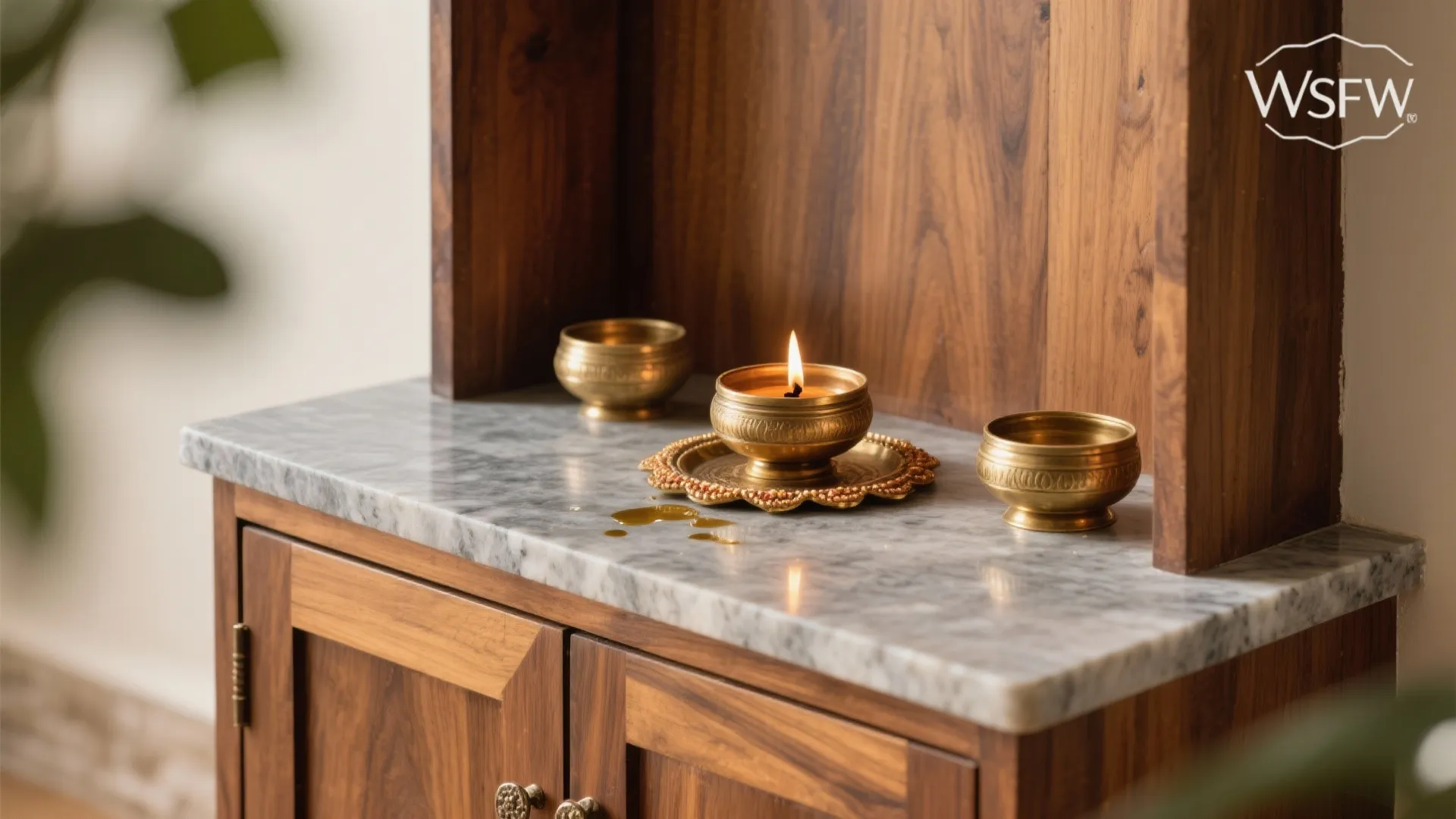 Small lit candle in a gold bowl on a marble top wood cabinet for home prayer