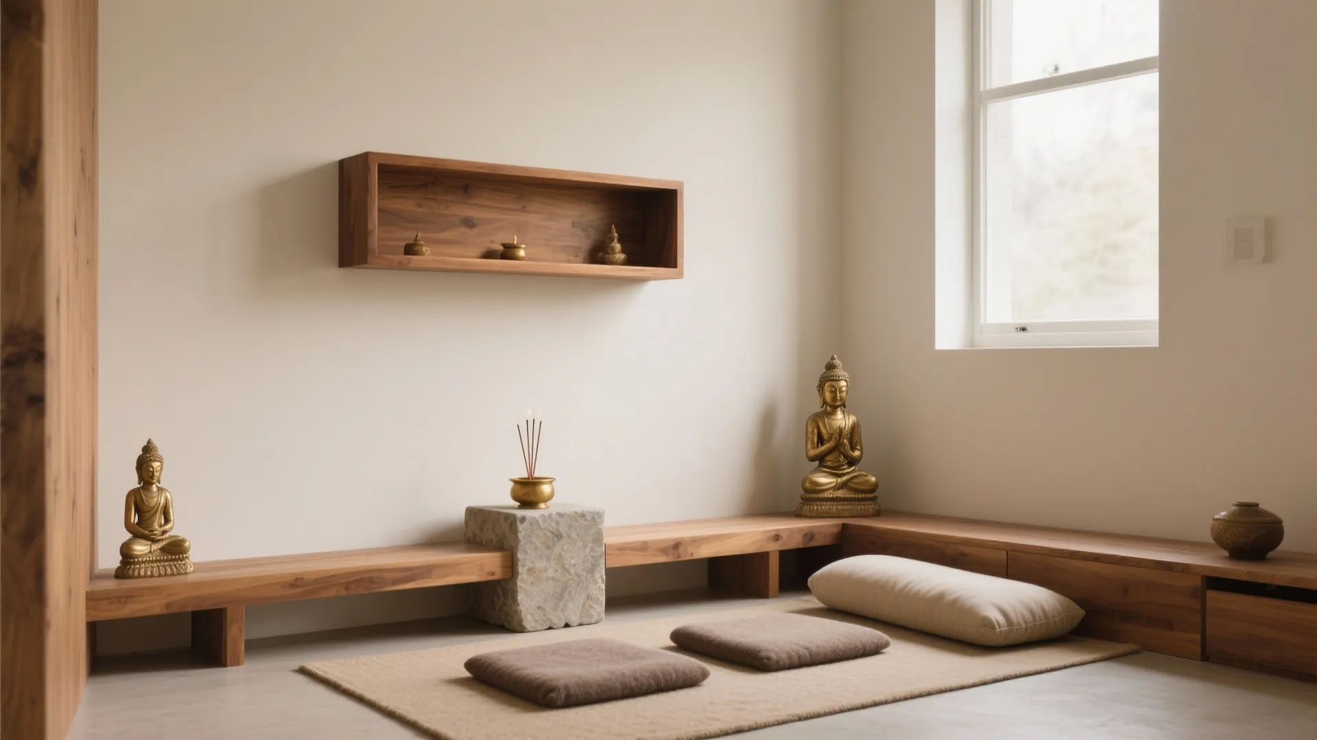 Wood-and-stone minimalist altar with floor seating