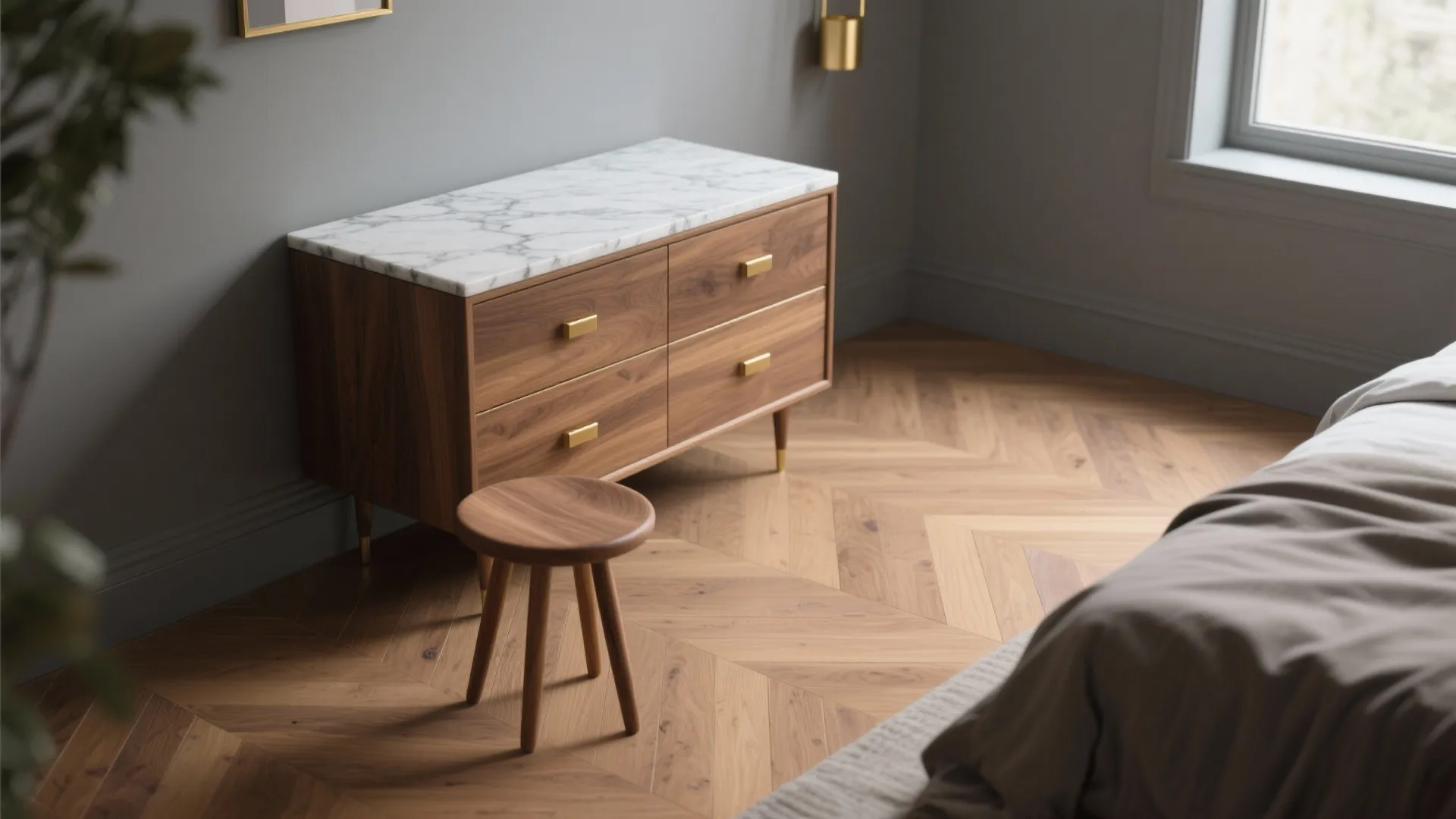 4. Introduce warm wood or stone to ground the scheme