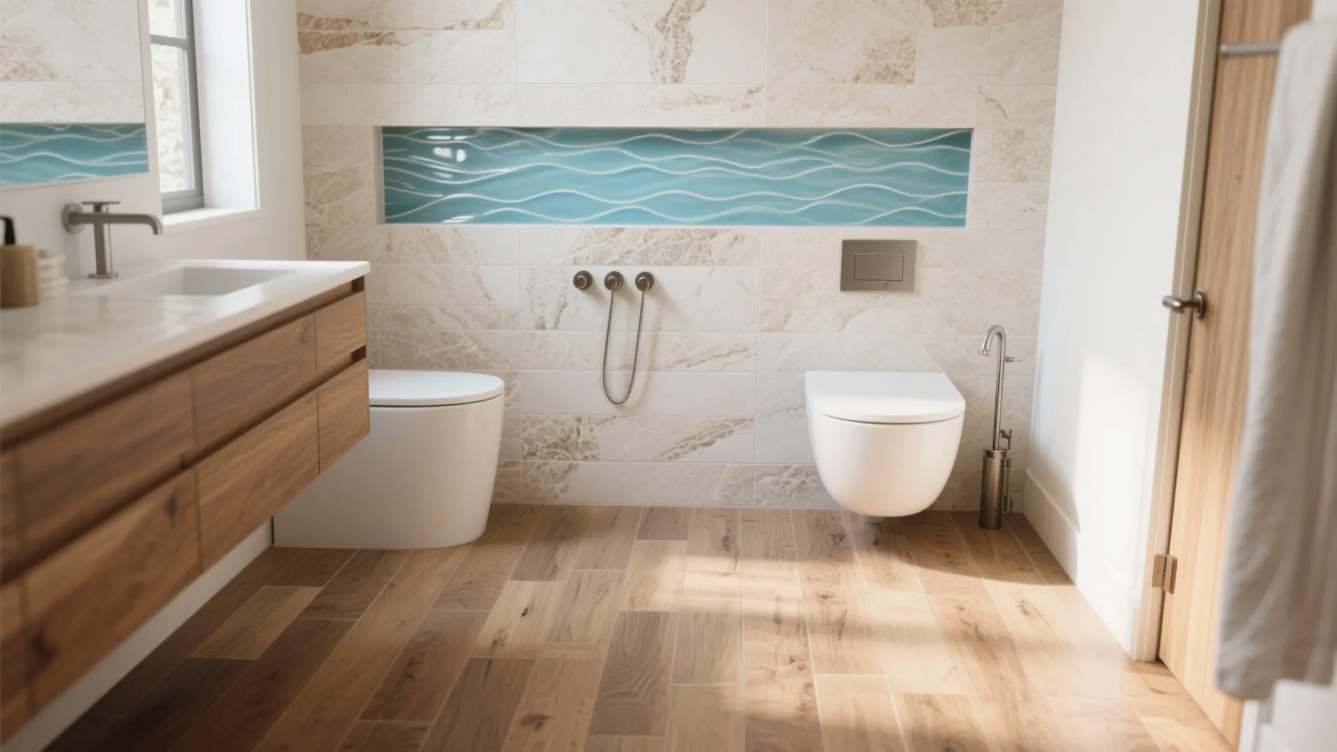 Warm Stone and Wood-Look Tiles for Balance