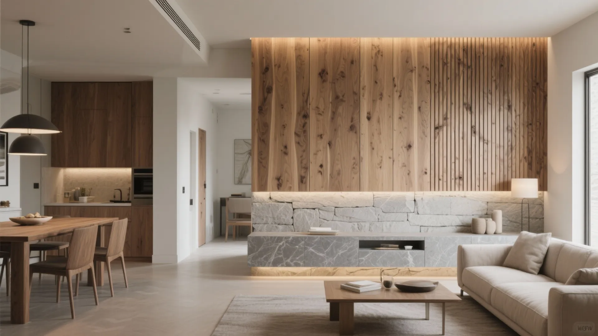 Warm Wood Accents with Cool Stone