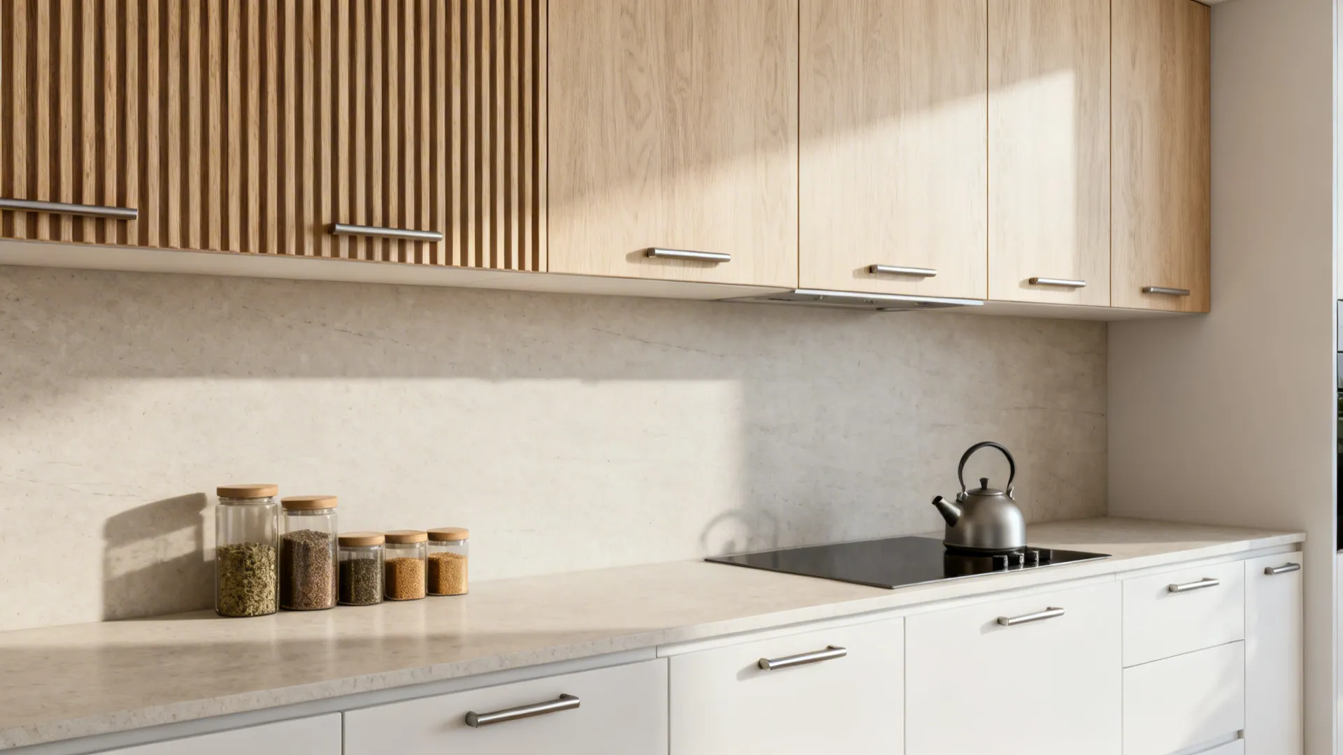 Modern kitchen with wooden wall cabinets and white bottom cabinets featuring a kettle and jars