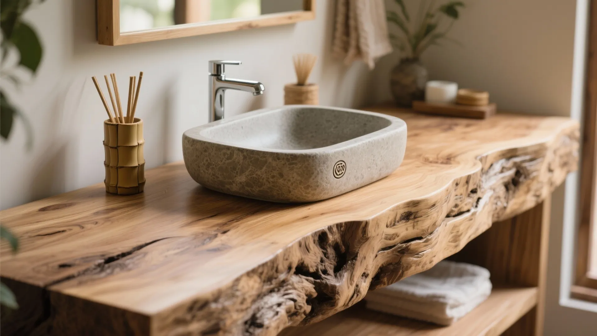Stone bathroom sink sitting on a natural wood countertop with chrome faucet and bamboo holder