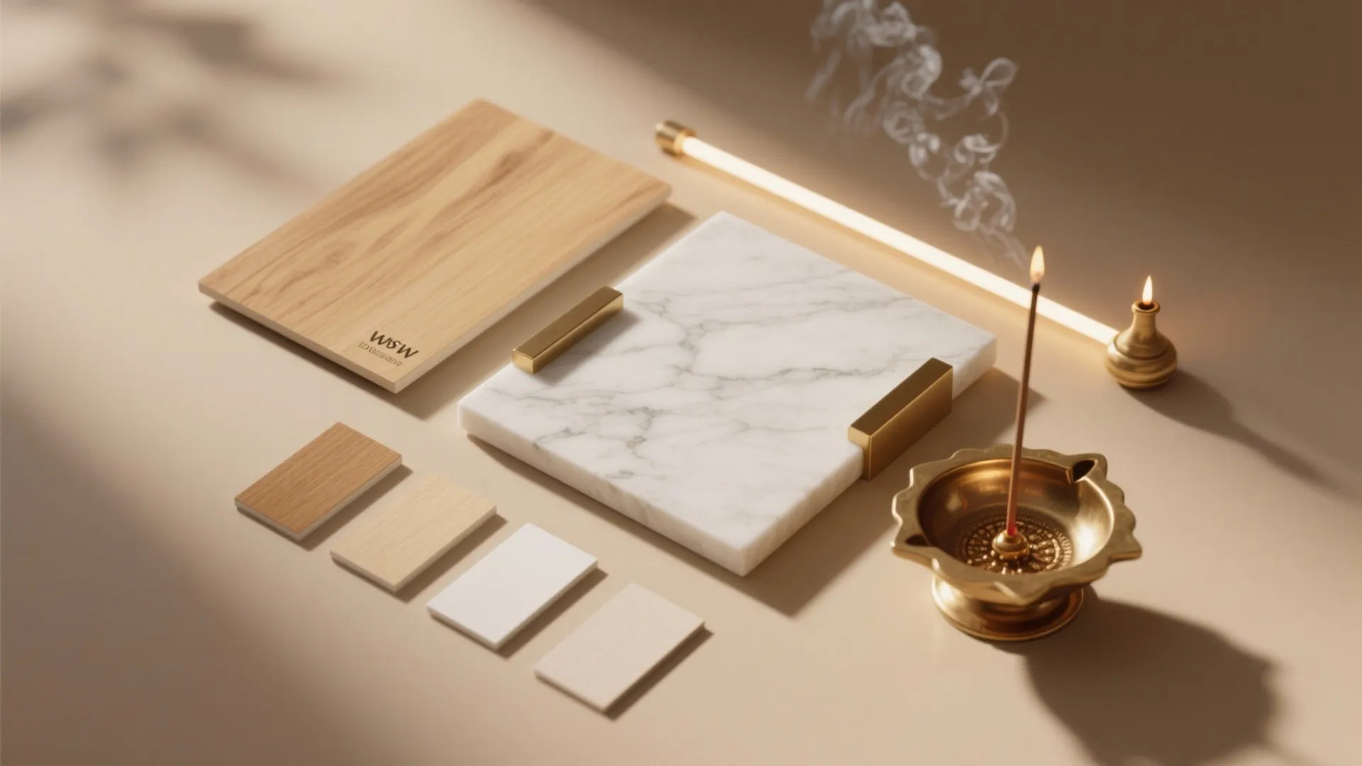 Material palette: warm wood, stone, and brass done modern