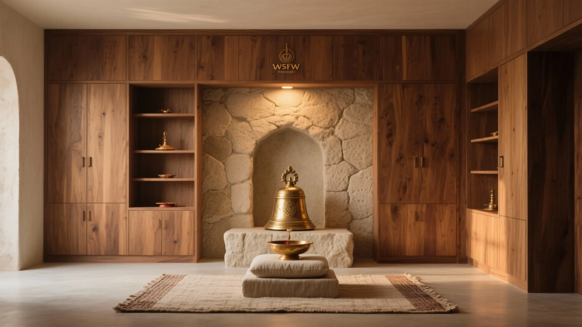 Warm wood, stone texture, and a brass focal element