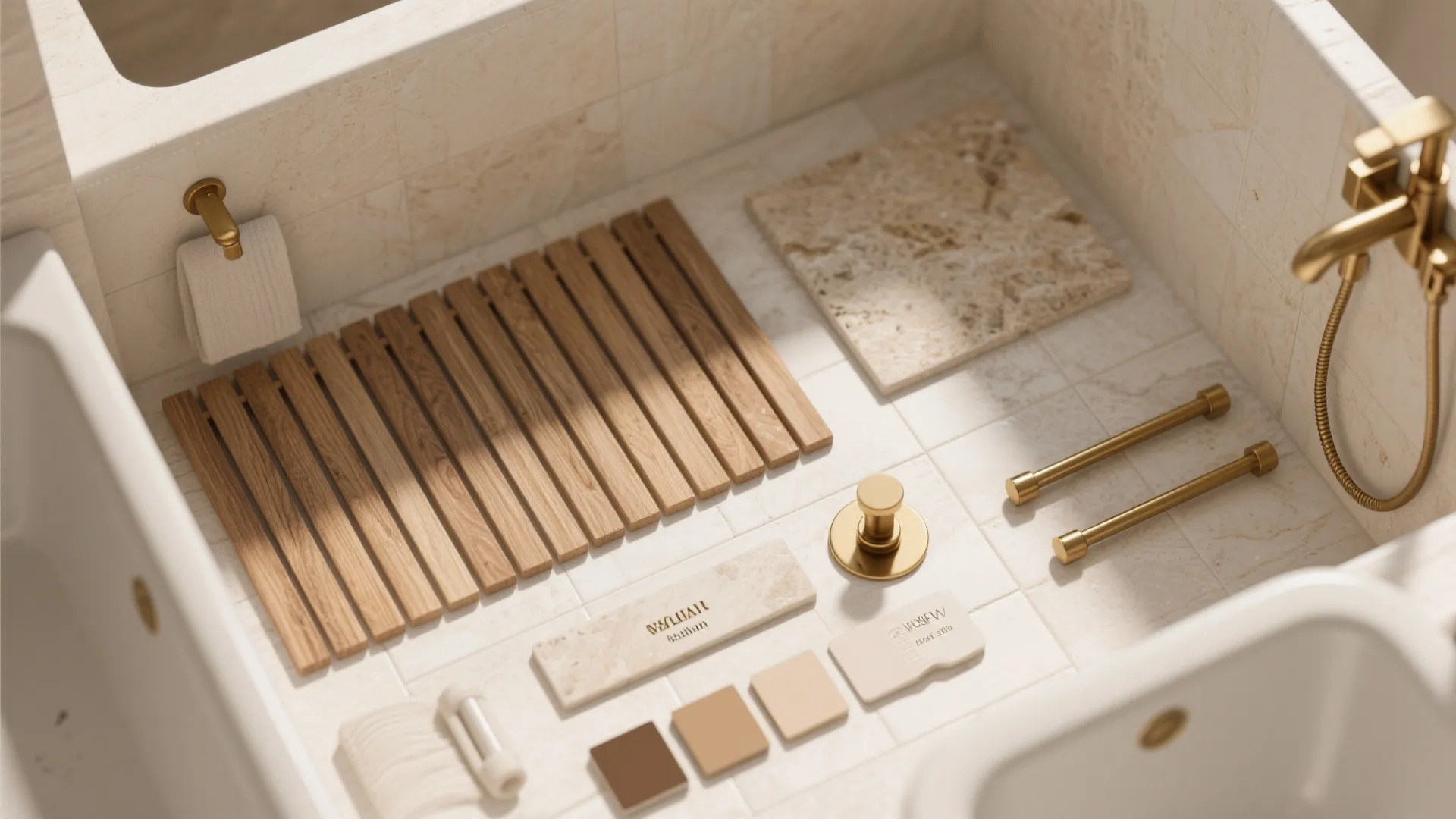 Warm Wood + Stone With Brass (Spa Mood, Not Maintenance Headache)