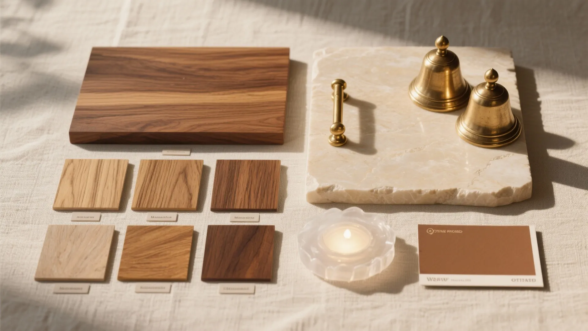 Interior design material board with wood samples marble slab brass bells and a small candle