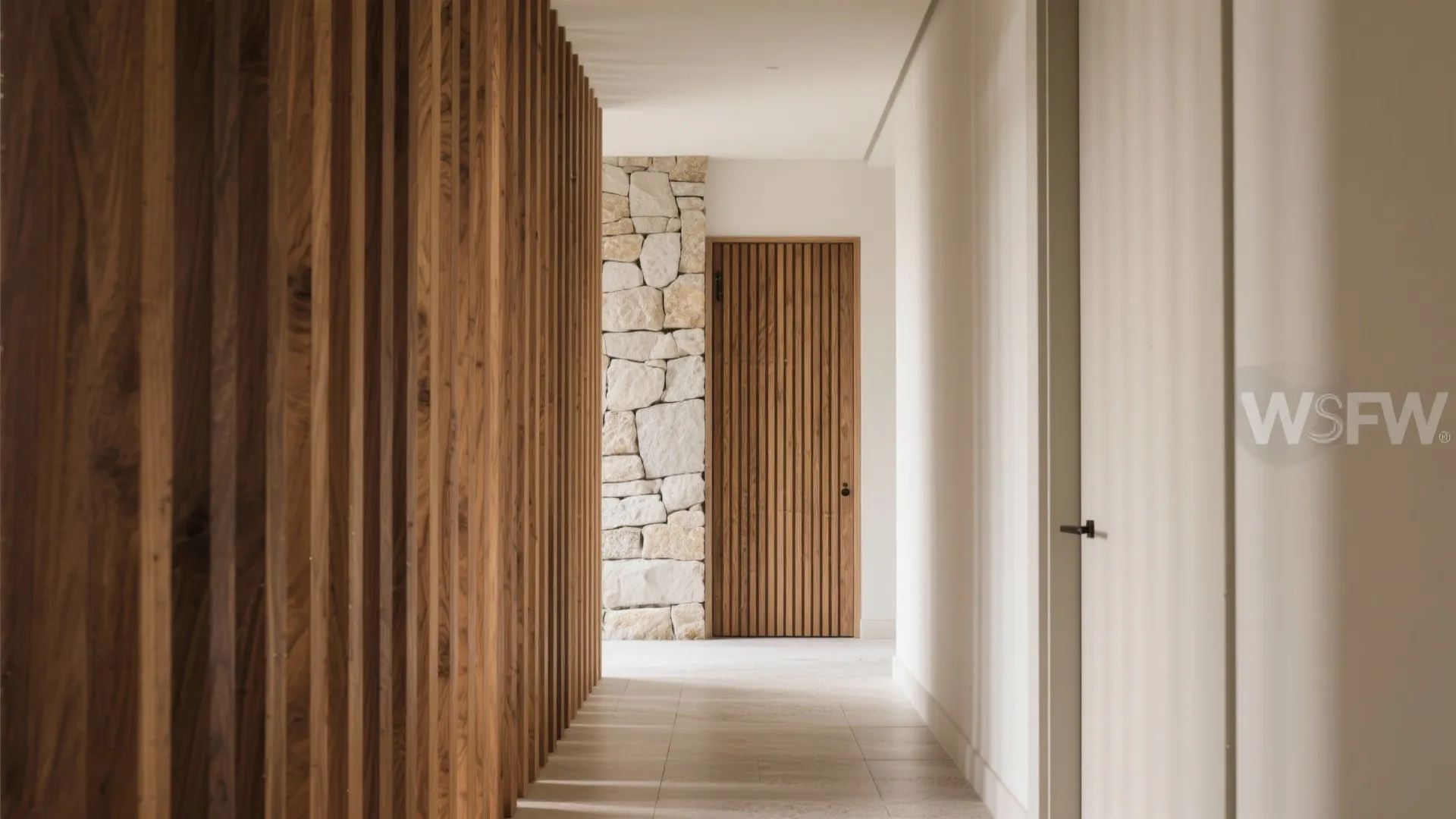 Bright hallway featuring a wooden slat wall stone accent wall wooden door and white tiles