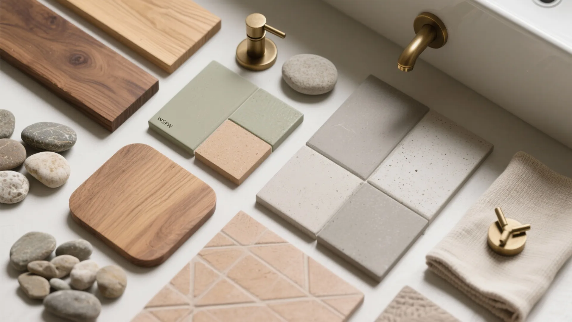 Interior design mood board featuring wood samples stone pebbles colorful tiles and brass bathroom fixtures