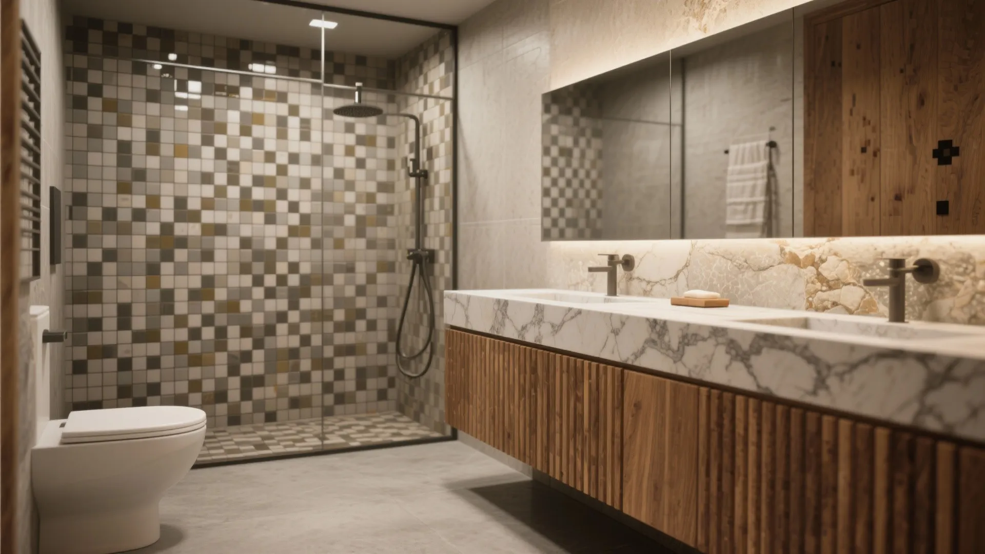 Bathroom with marble top cabinet and wood paneling near glass shower and checkered wall tile design